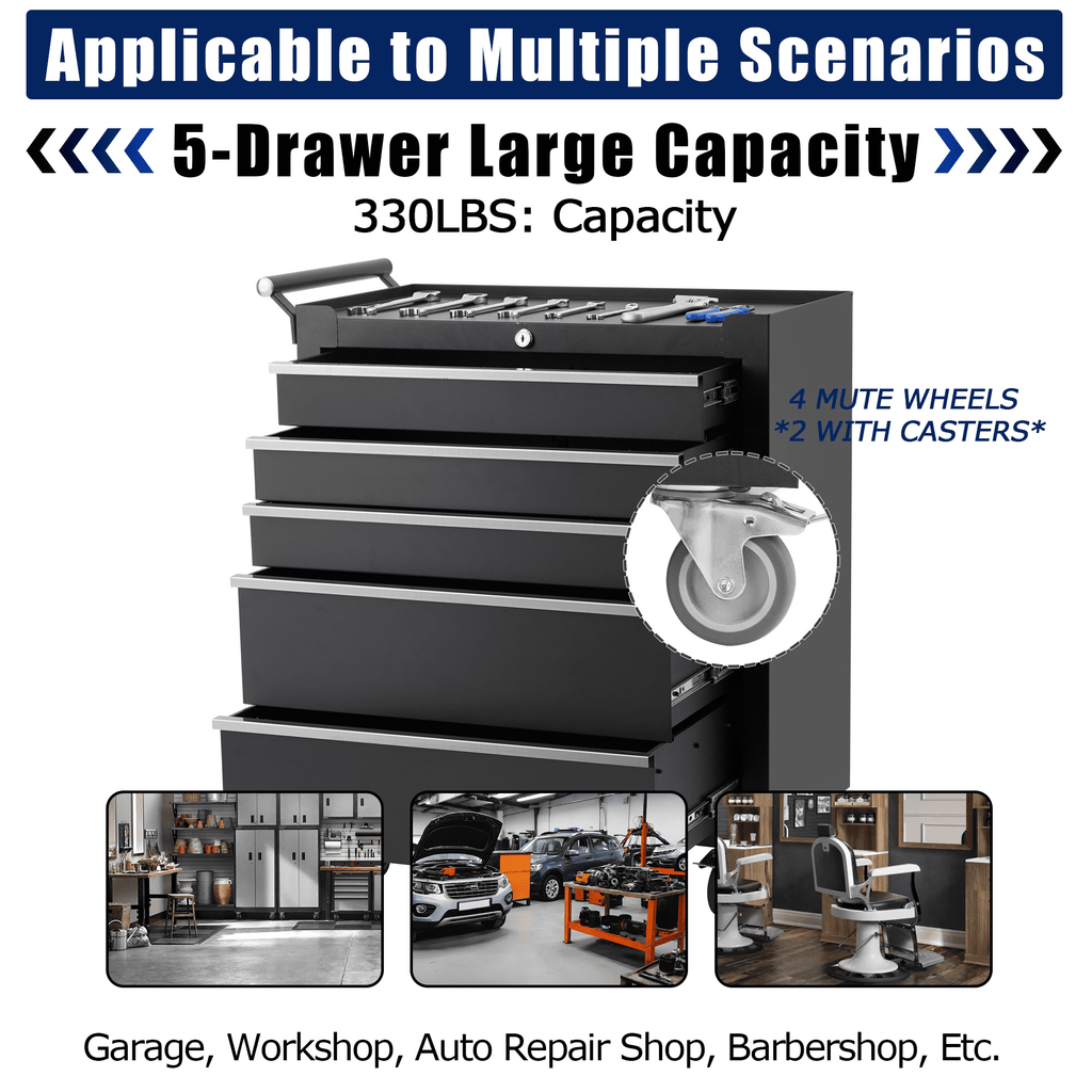5-Drawer Rolling Tool Chest with Wheels & Lock System, Portable Tool Box Storage for Workshop, Garage, Warehouse, Black - Image 5