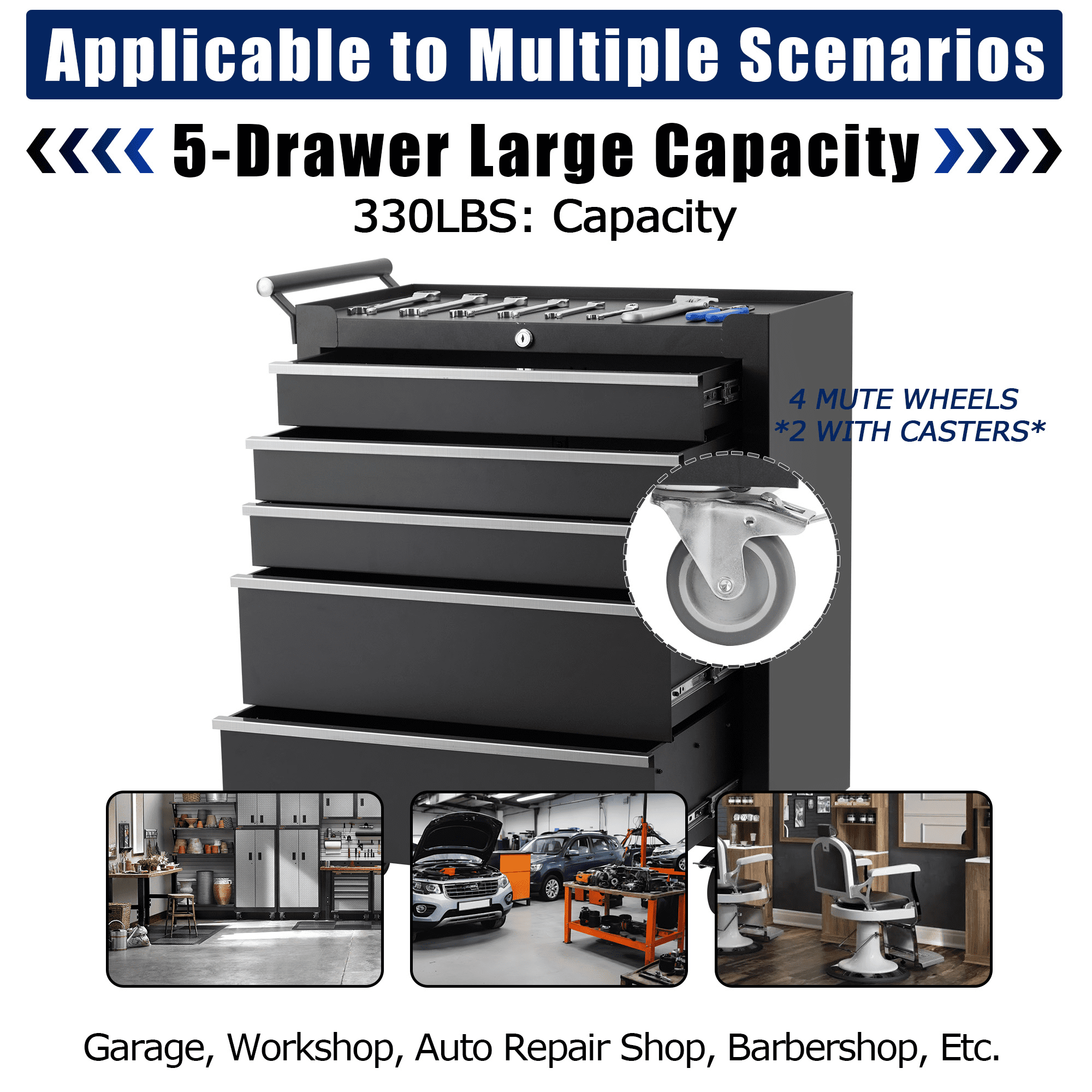 5-Drawer Rolling Tool Chest with Wheels & Lock System, Portable Tool Box Storage for Workshop, Garage, Warehouse, Black - Image 5