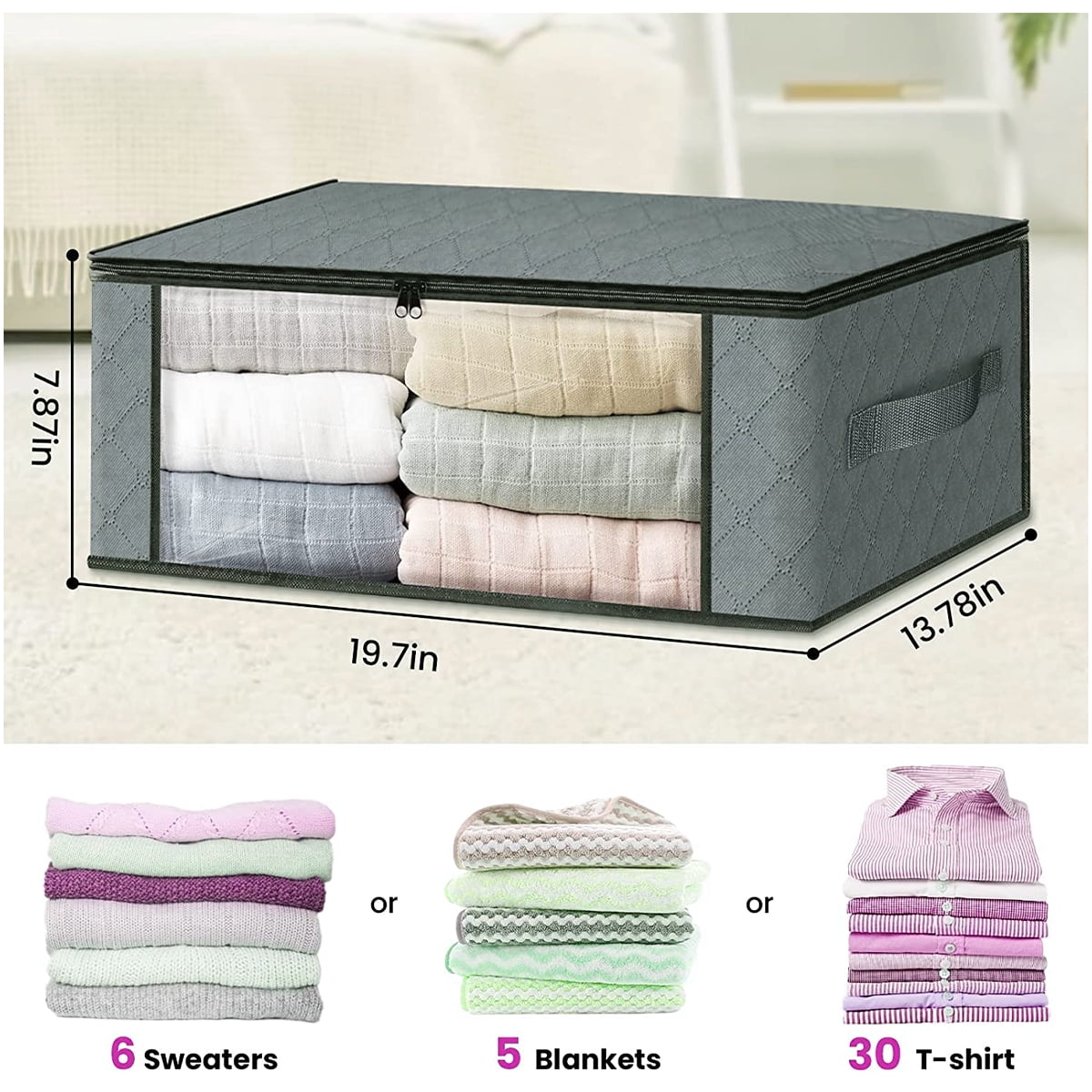 Storage Box, 6 Pack Clothes Organizer with Clear Windows, Sturdy Handles Storage Bag 19.7 x 13.78 x 7.87 inches, Gray