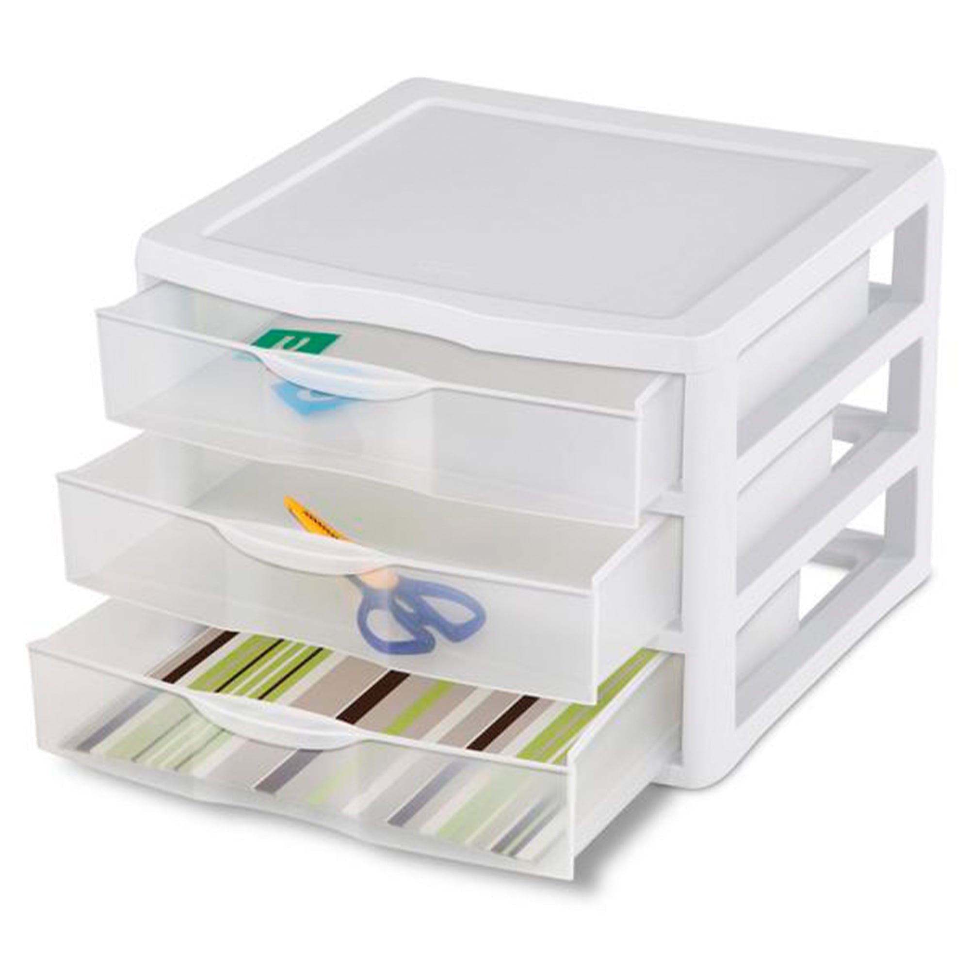 Wide 3 Drawer Unit, Clear Plastic Countertop or Desktop Drawers, White