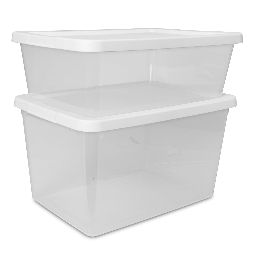 Set of (4) 12 Quart Storage Boxes, Clear Plastic Storage Bins with Snap-on Lid, White, 4 Pack
