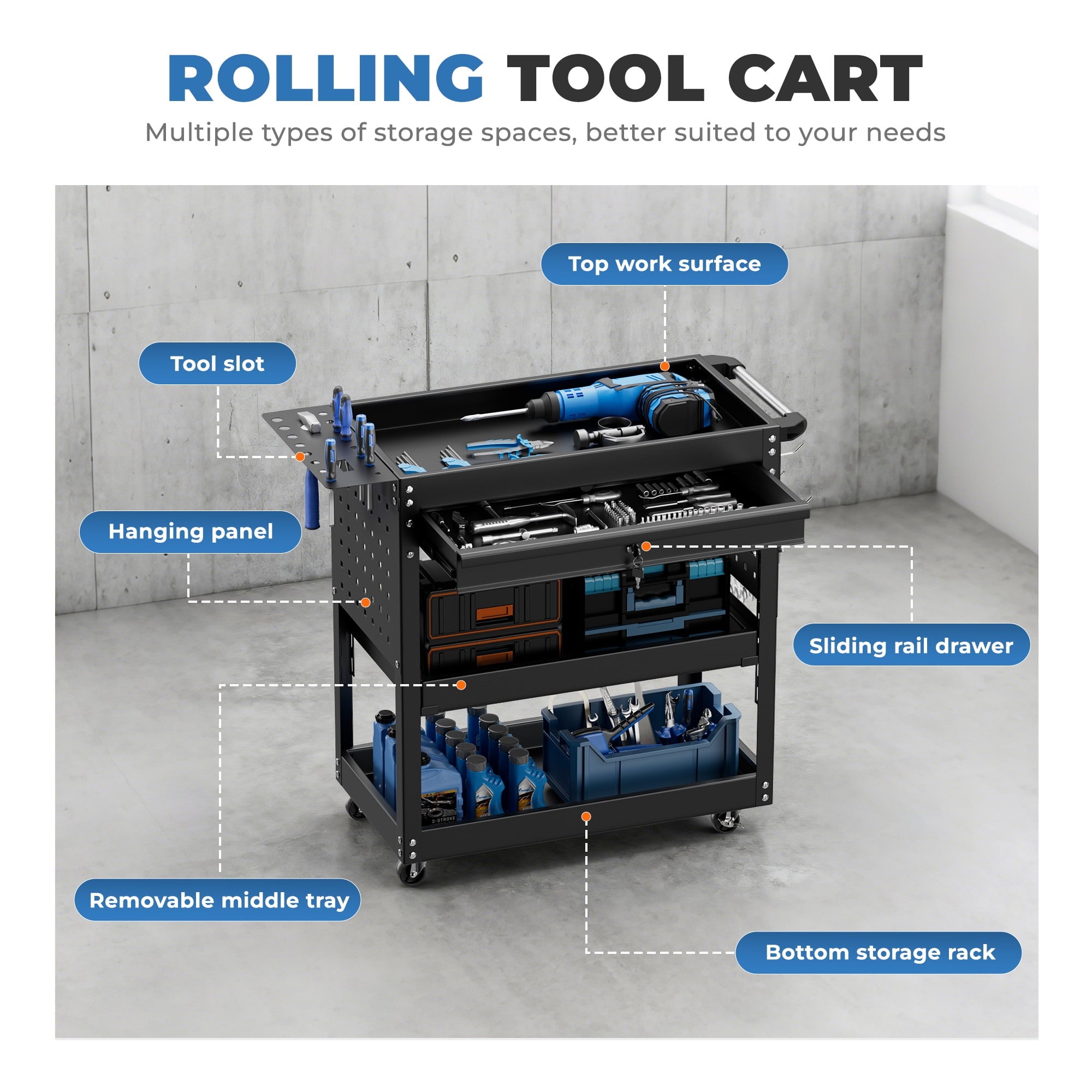 3 Rolling Tool Cart on Wheels with Lockable Drawers, 420 Capacity Tool storage Cart with Pegboard and Hooks, Rolling ... - Image 2