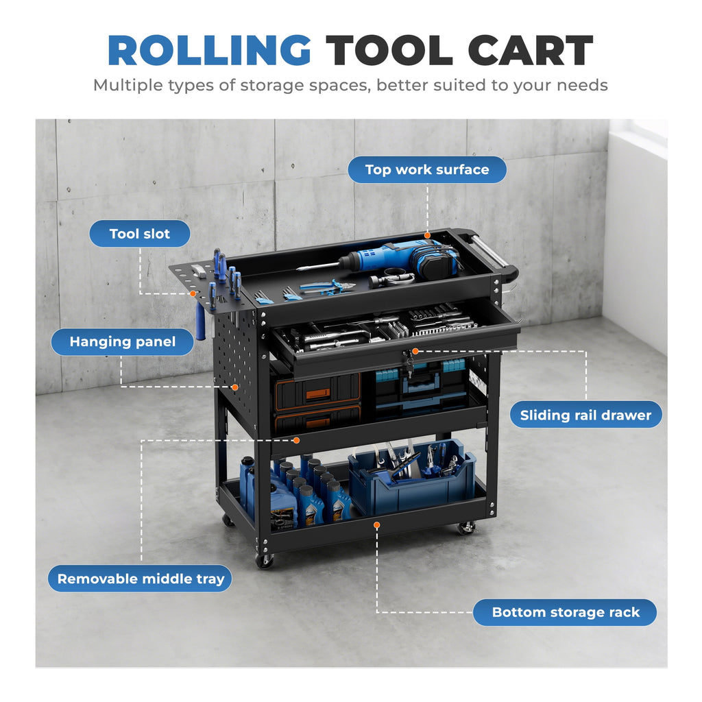 3 tier Rolling Tool Cart with Drawer on Wheel, Multi-layer Storage with Lockable Ball-Bearing Slides for Garage and W... - Image 6
