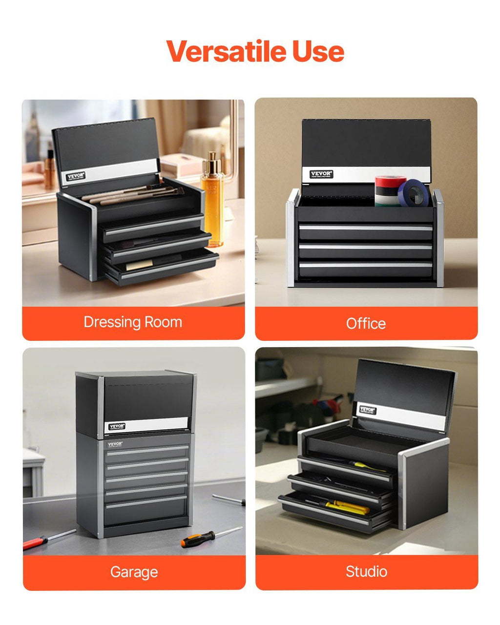 Tool Box 8.6-inch Portable Metal Tool Box with 3 Drawers Tool Organizer Black - Image 5