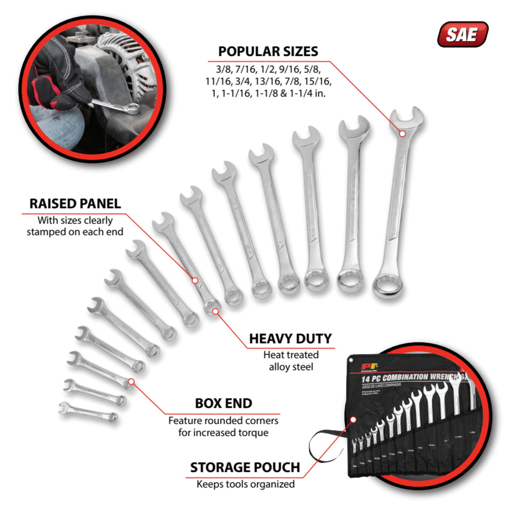 Performance Tool W1114 Sae Combination Wrench Set, 14-Piece - Image 2