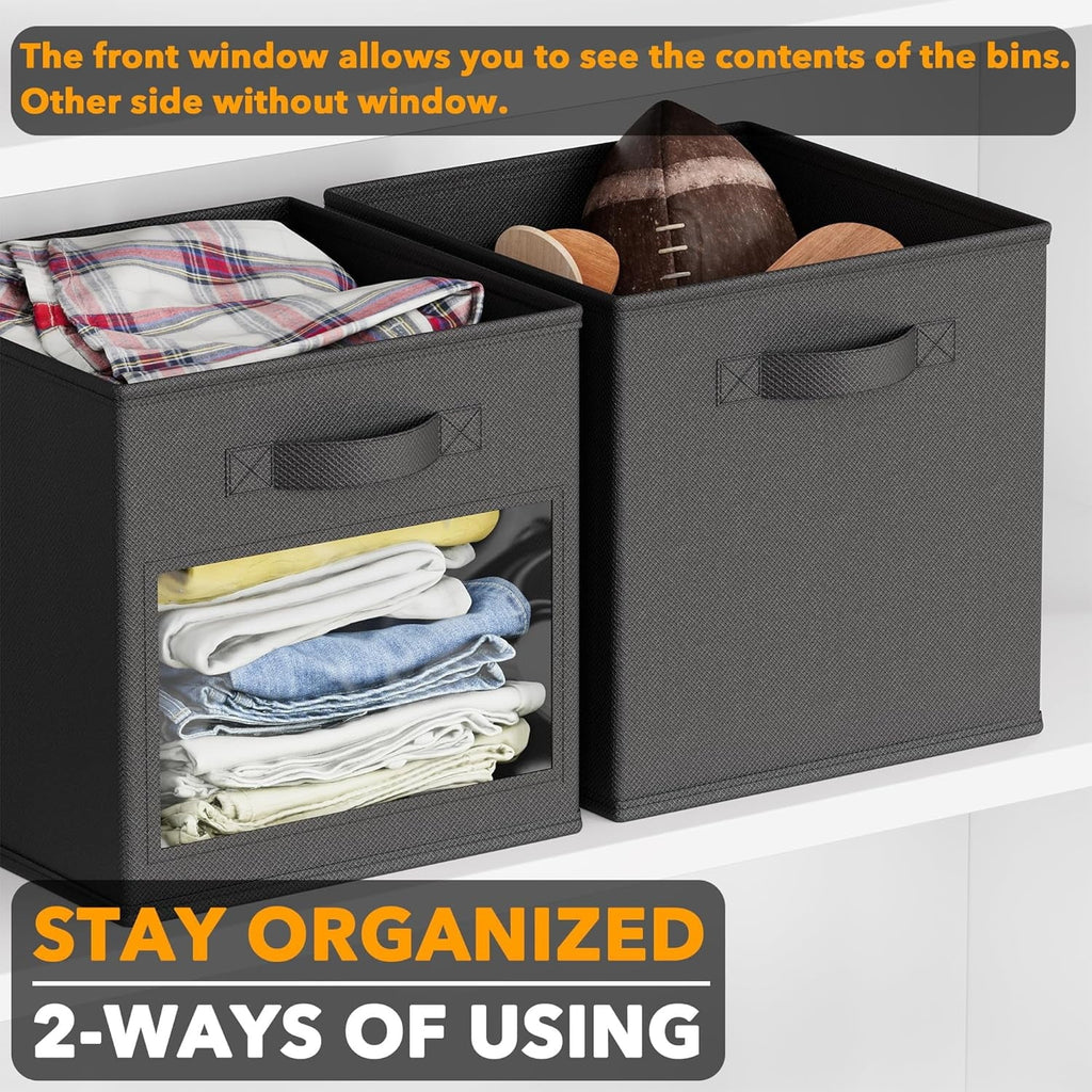 Storage Cubes with Clear Windows, Set of 6 Fabric Bins, 11 Inch, Black