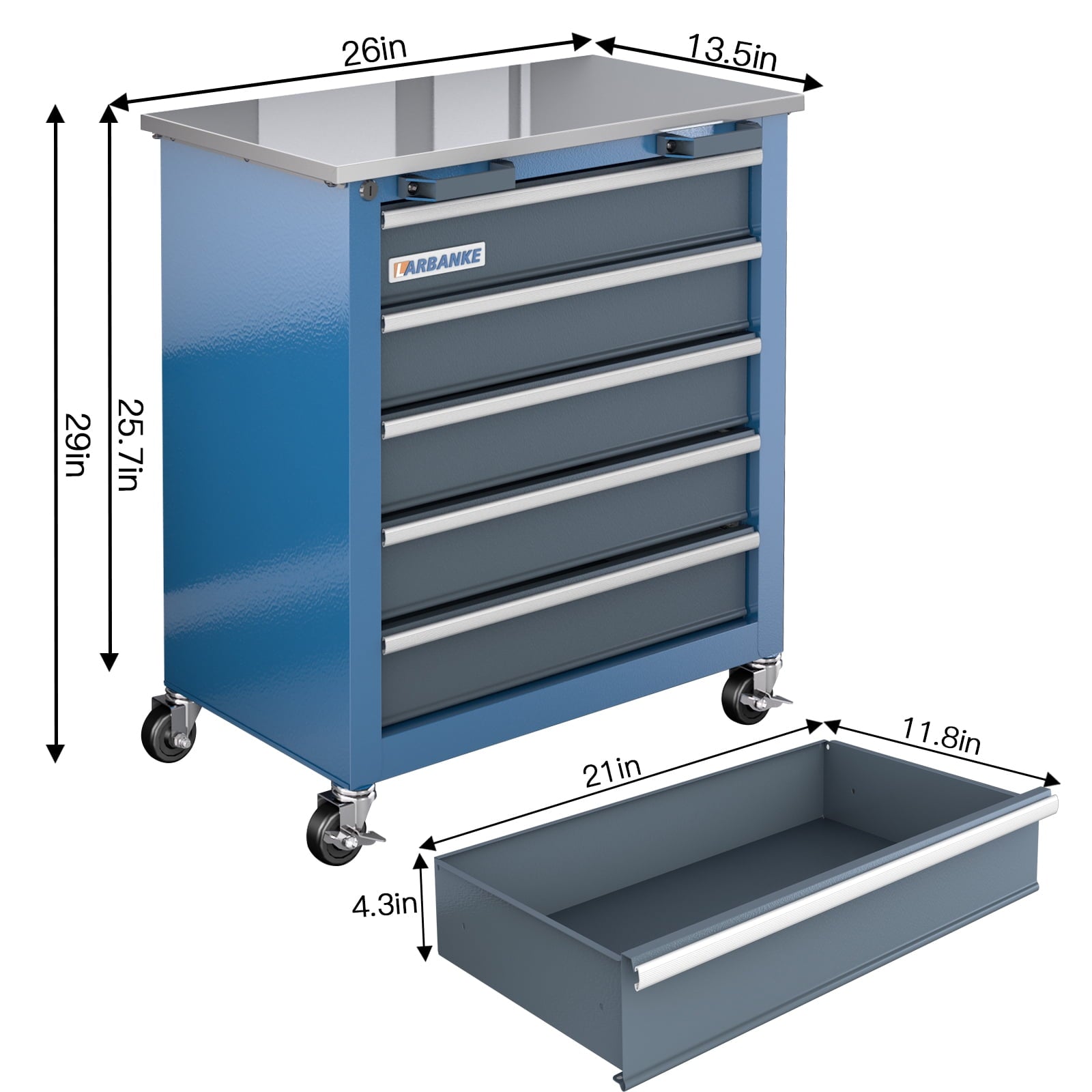 Rolling Tool Chest 5-Drawer Tool Cabinet with Stainless Steel Top Key Lock Heavy-Duty - Image 3
