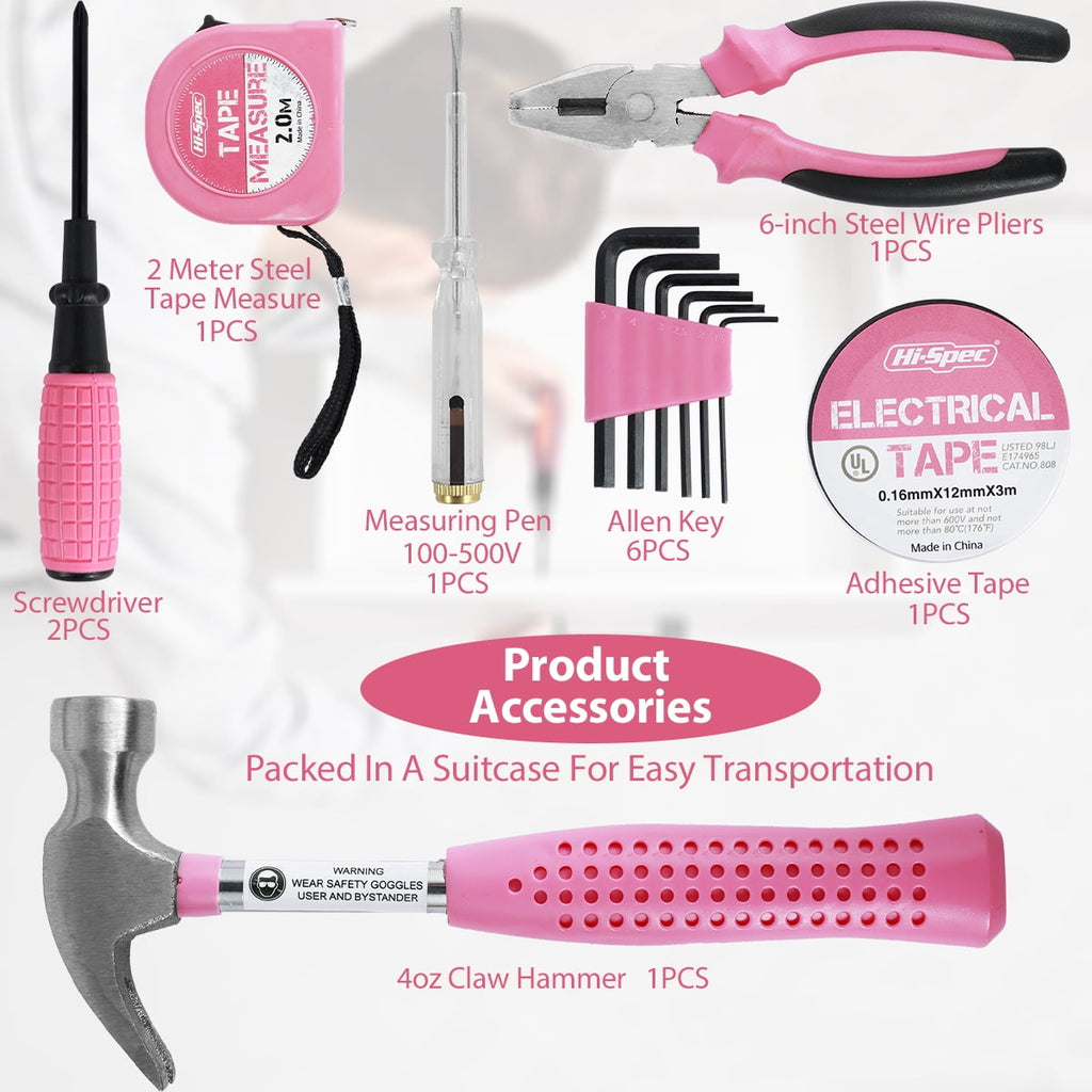 Tool Set,Home Repair Tool Kit,Pink Tool Set for Women,with Case,Steel,Pink,1.58 lbs - Image 6