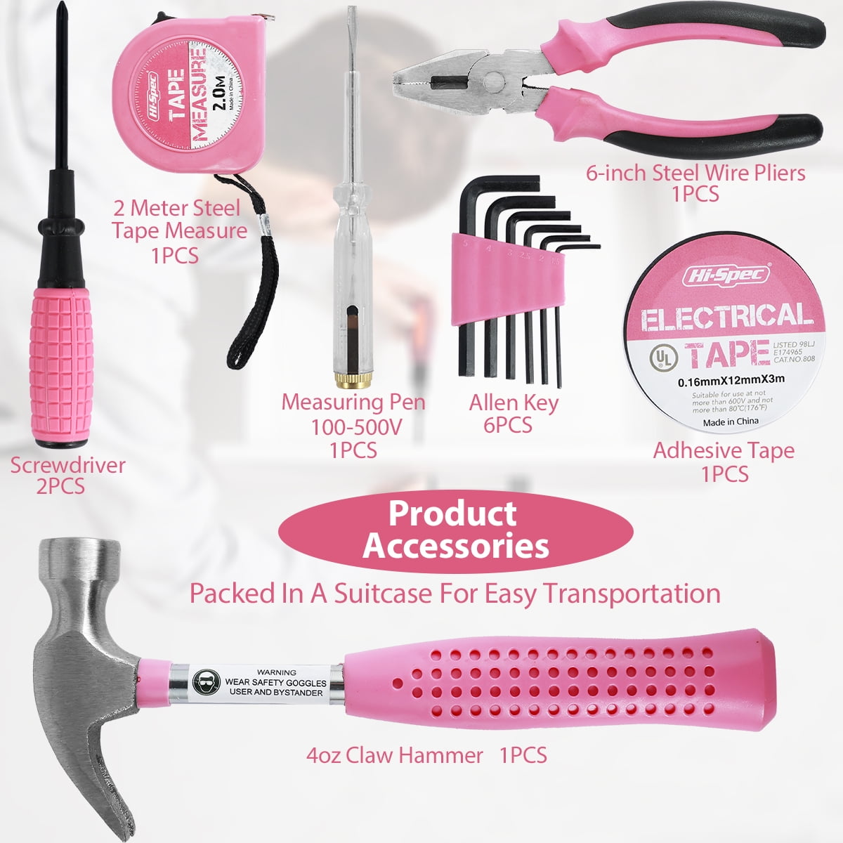 Tool Set,Home Repair Tool Kit,Pink Tool Set for Women,with Case,Steel,Pink,1.58 lbs - Image 6