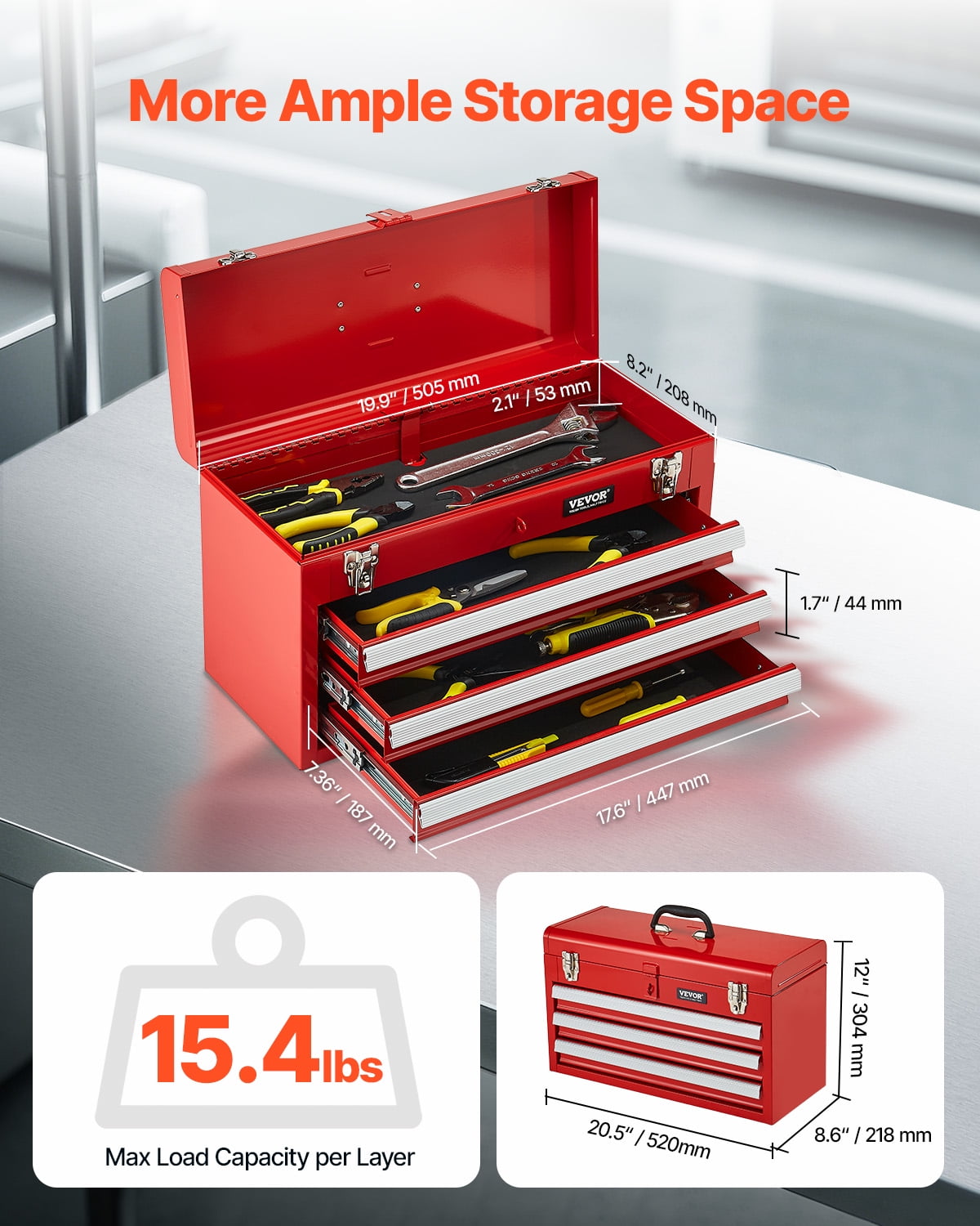Metal Tool Box, 20.5-inch, Portable Metal Tool Box with 3 Drawers, Small Tool Chest with EVA Liners,Ball Bearing Slid... - Image 2