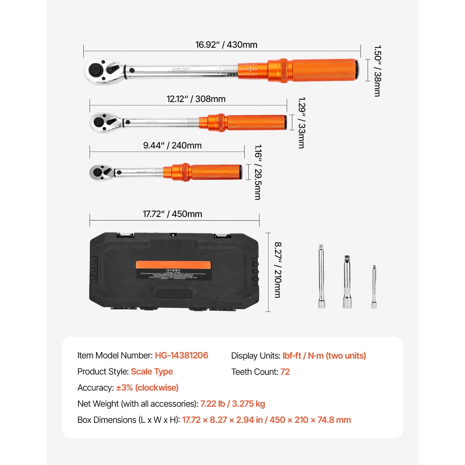 Click Torque Wrench Set, 3 Sizes, 1/4, 3/8, 1/2 Inch Drive, 10-170 lbf-ft, 5-45 lbf-ft, 20-240 lbf-in, Dual-Direction... - Image 3