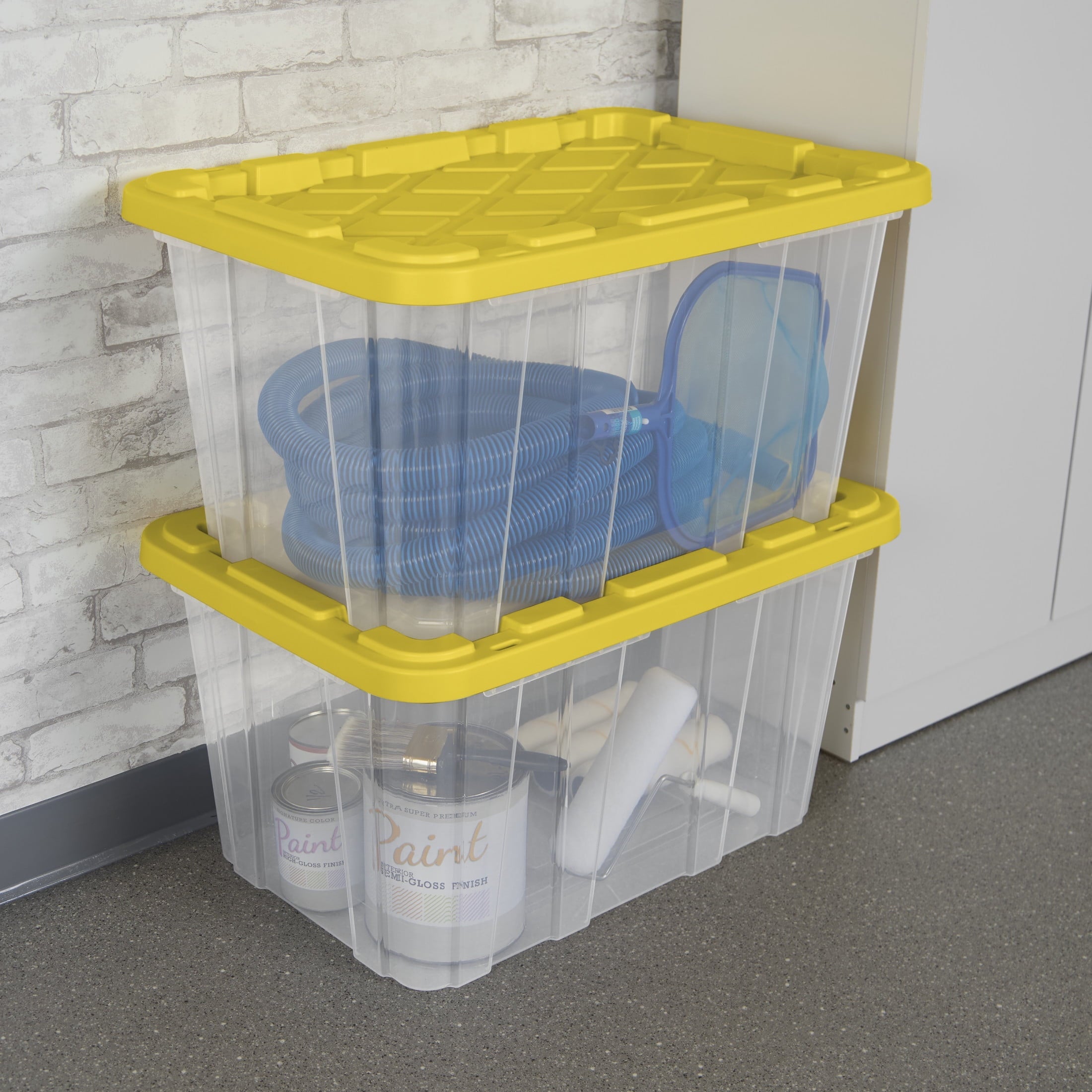 Large Storage Bin, 27 Gallon Plastic Storage Tote with Snap-On Lid, Black and Yellow, 6 Pack
