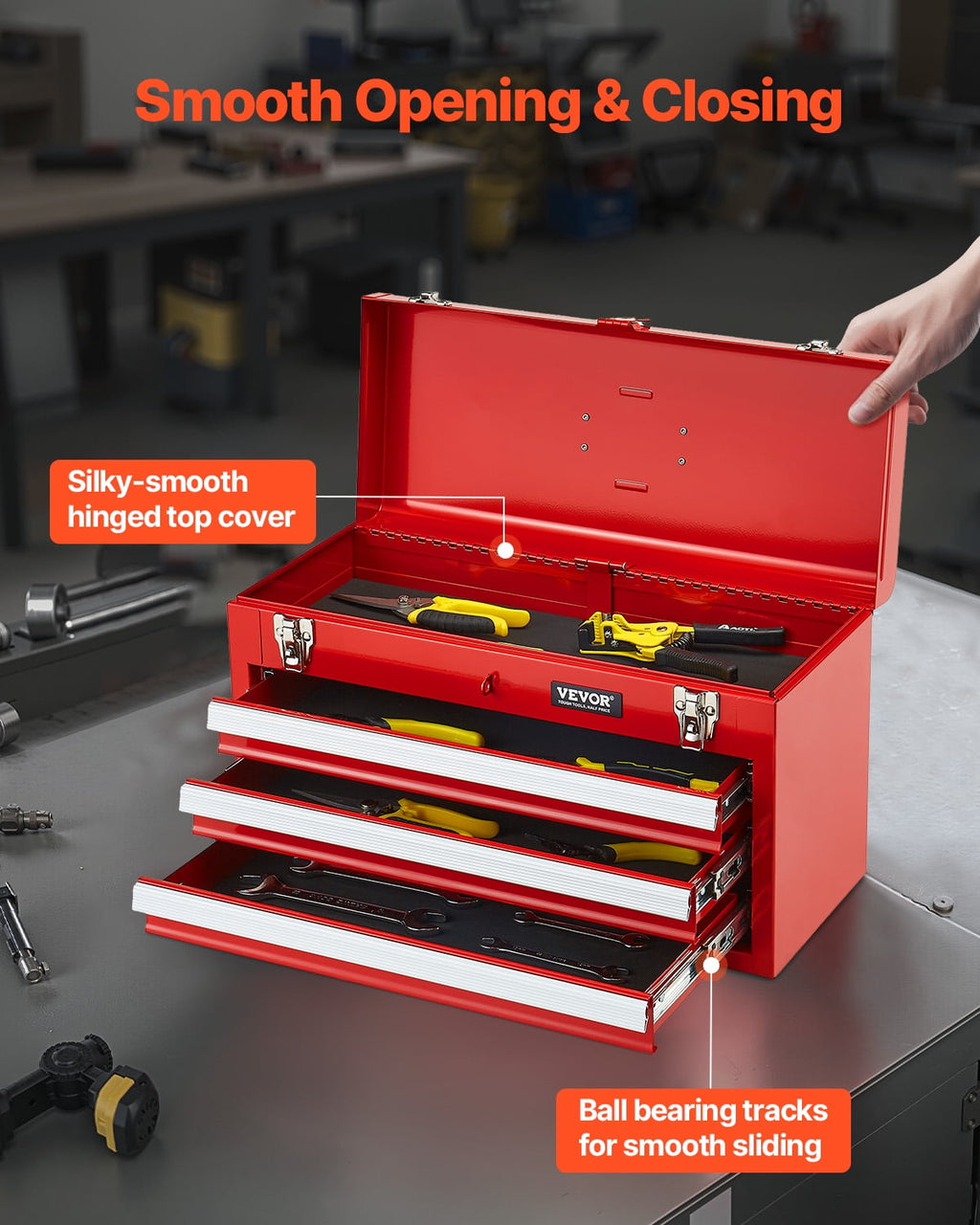 Metal Tool Box, 20.5-inch, Portable Metal Tool Box with 3 Drawers, Small Tool Chest with EVA Liners,Ball Bearing Slid... - Image 4