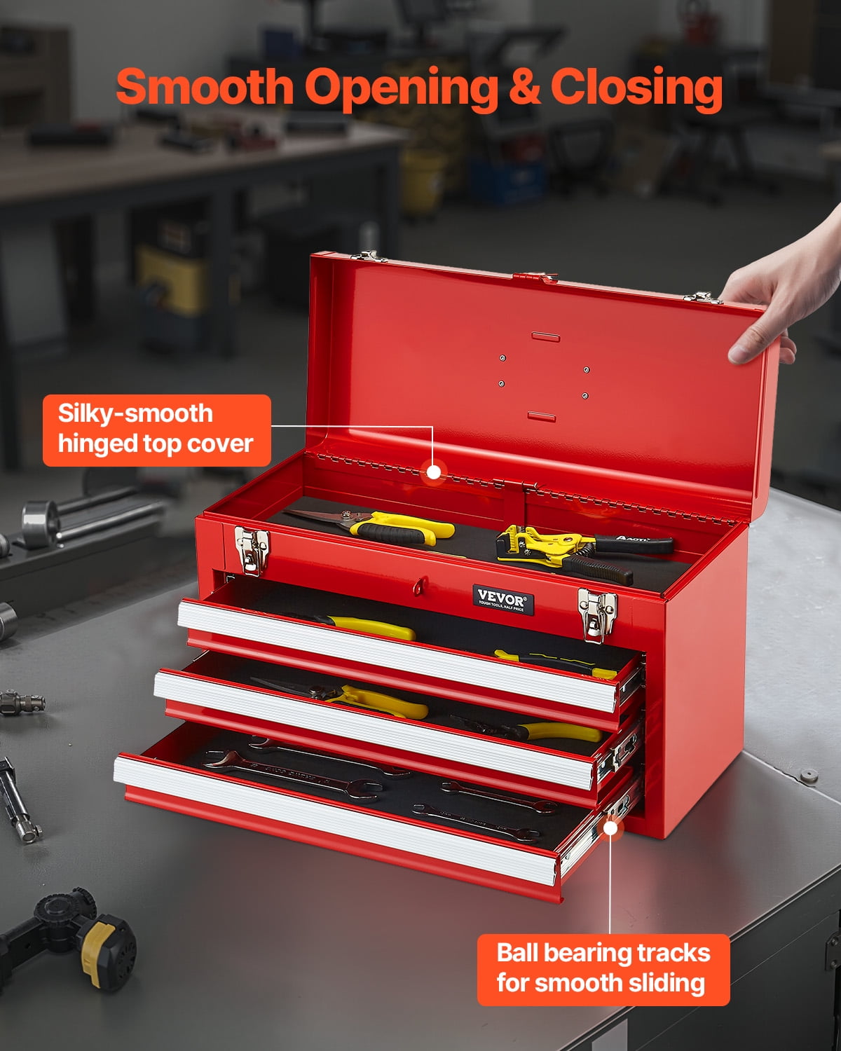 Metal Tool Box, 20.5-inch, Portable Metal Tool Box with 3 Drawers, Small Tool Chest with EVA Liners,Ball Bearing Slid... - Image 4