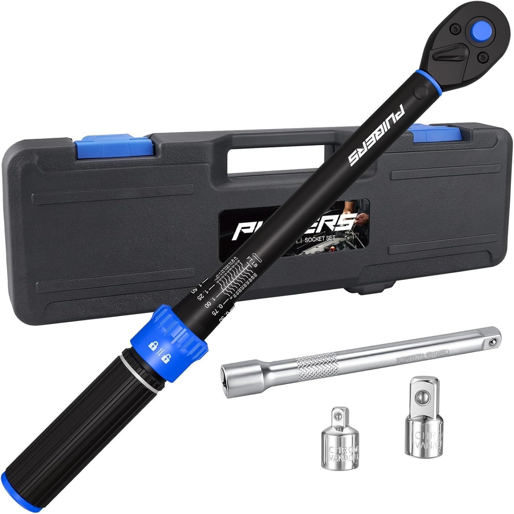 Torque Wrench Set 3/8" Drive 5-50 FT.LB, Dual-Direction 72-Tooth Adjustable Torque Wrenches with 6" Extension Bar, 3/8" to 1/2" & 1/4" Adapt