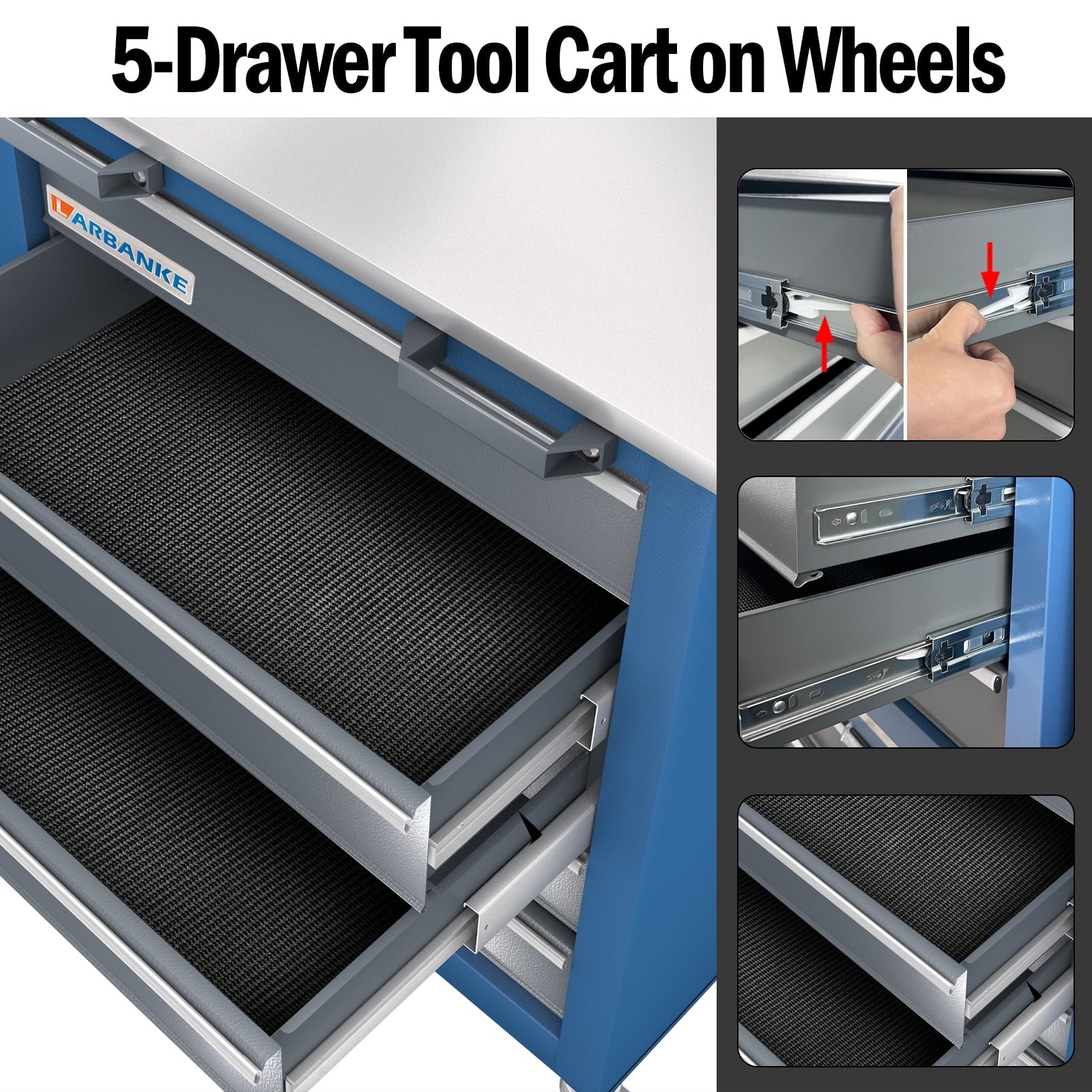 LARBANKE 5 Drawer Rolling Tool Chest, Metal Tool Cabinet with Wheels, Drawers with Padding, Can Be Combined - Image 5