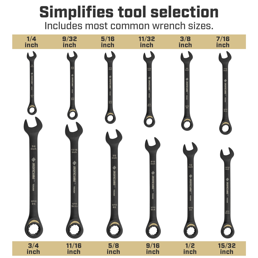 12-Piece Ratcheting Wrench Set: SAE 1/4" to 3/4" - 72-Tooth - Tough Black - Chrome Vanadium Steel - with Organizer - Image 5