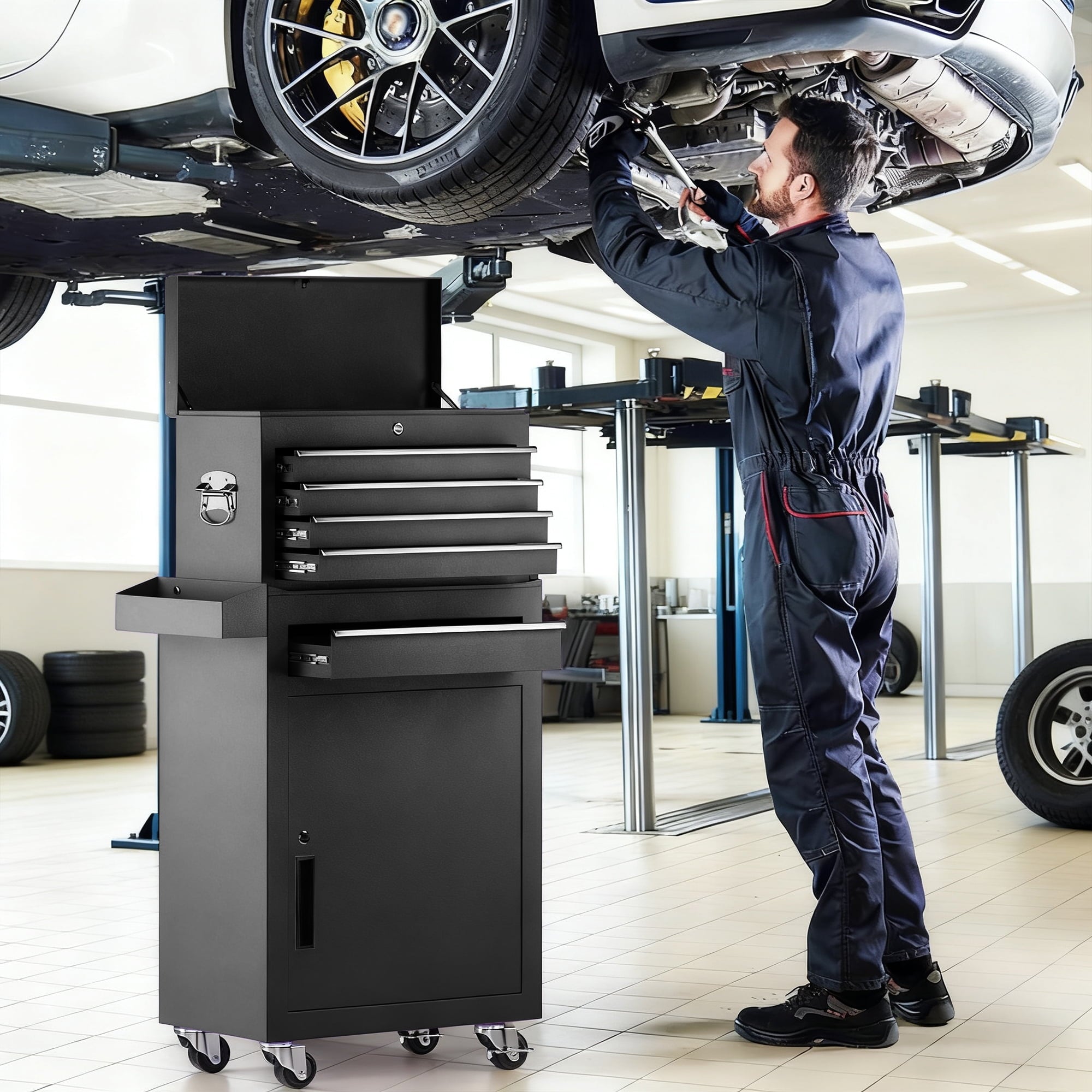 5-Drawer Rolling Tool Chest, Stainless Steel Tool Box with Brake Wheels and 4 Drawers, Black Detachable Tool Cart, Black - Image 2