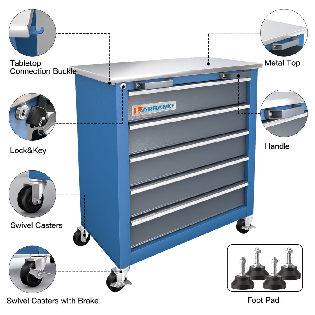 LARBANKE 5 Drawer Rolling Tool Chest, Metal Tool Cabinet with Wheels, Drawers with Padding, Can Be Combined - Image 3
