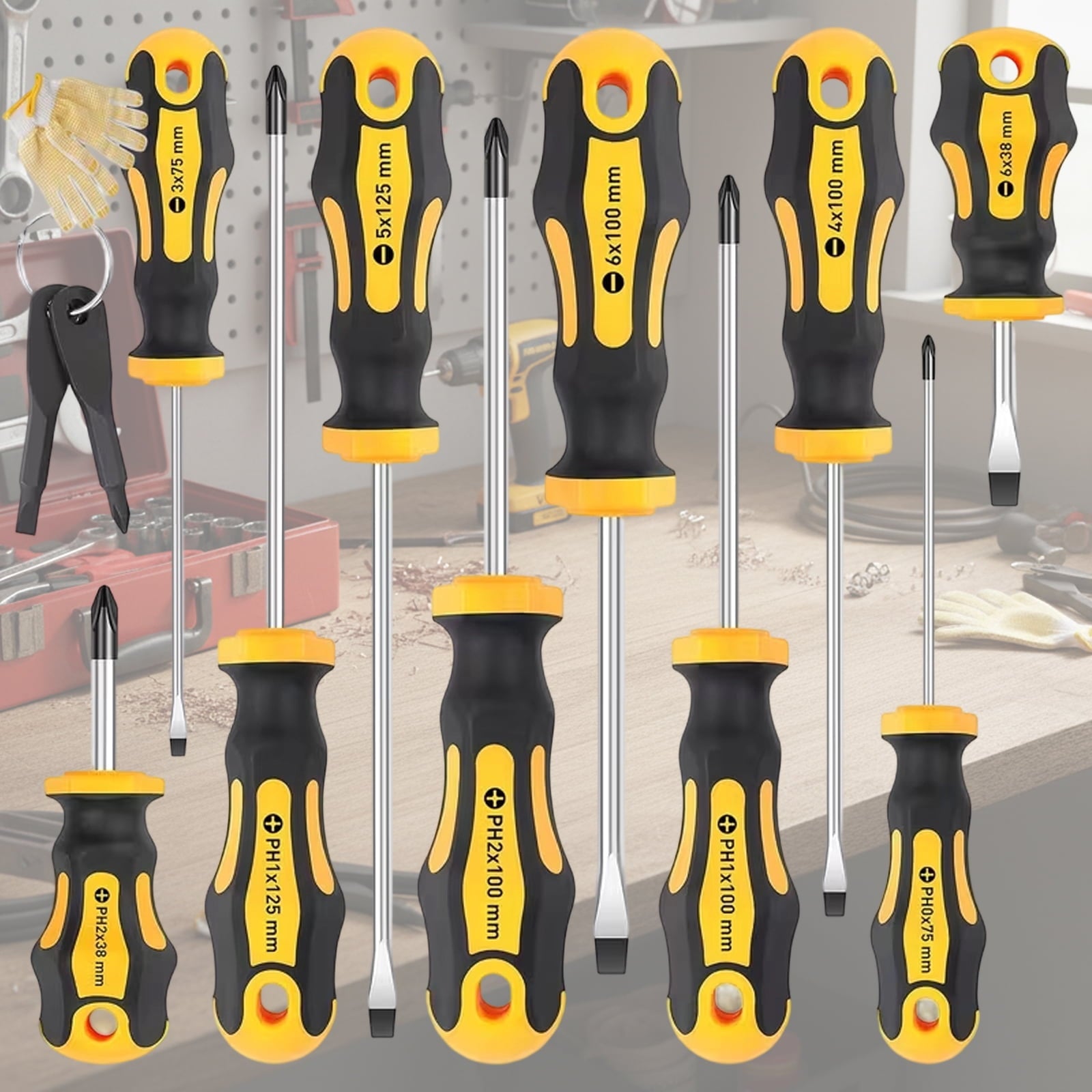 12-Piece Magnetic Screwdrivers Set, 5 Phillips and 5 Slotted Tips Professional Cushion Grip Screwdriver Set with Glove - Image 2
