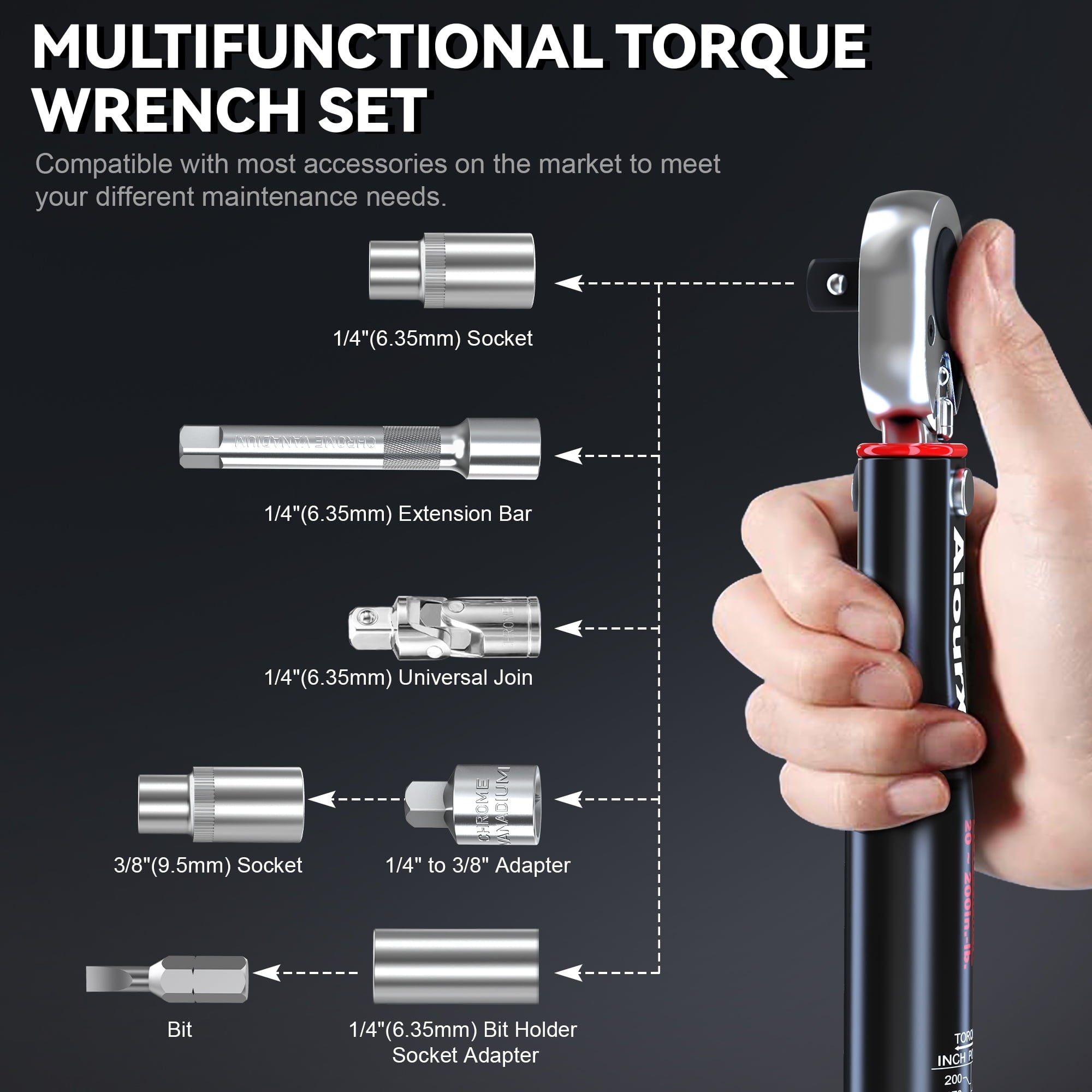 1/4 Inch Drive Click Torque Wrench Set 20-260 in.-lb. / 2.26-29.38 Nm 11 Pieces Black - Image 3