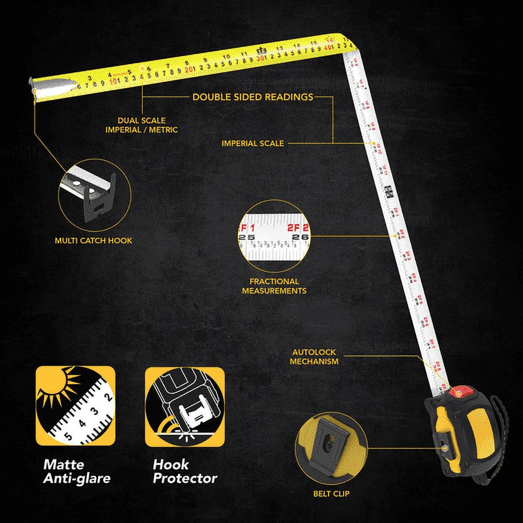 [3-Pack] 25Ft/7.5m AutoLock Tape Measure | 1-Inch Wide Blade with Nylon Coating, Matte Finish White & Yellow Dual Sid... - Image 3