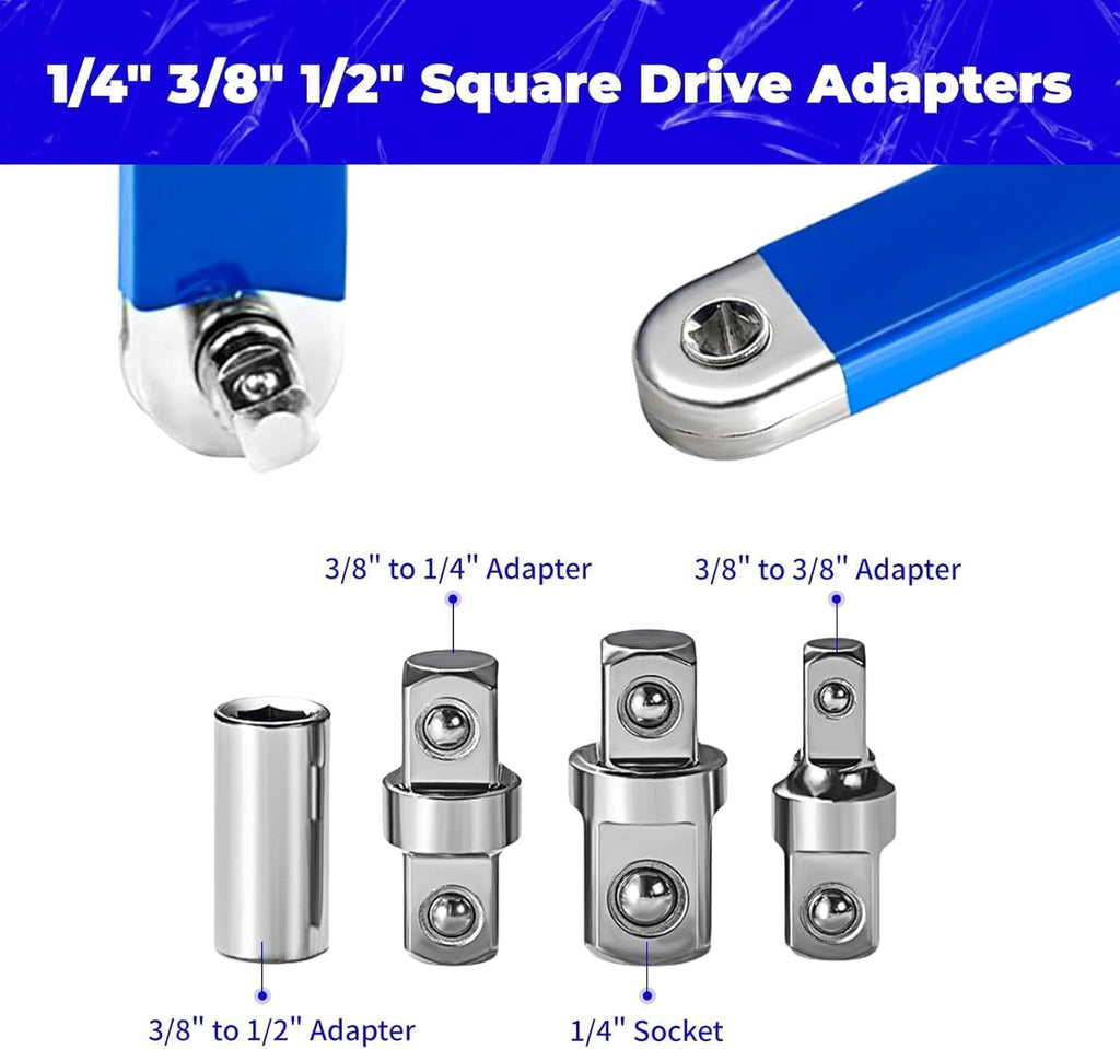 Tool Set, 15.4 Inch with 1/4, 3/8 and 1/2 Inch Square Drive Adapters, Off Set Compatible with Impact (Blue) - Image 5