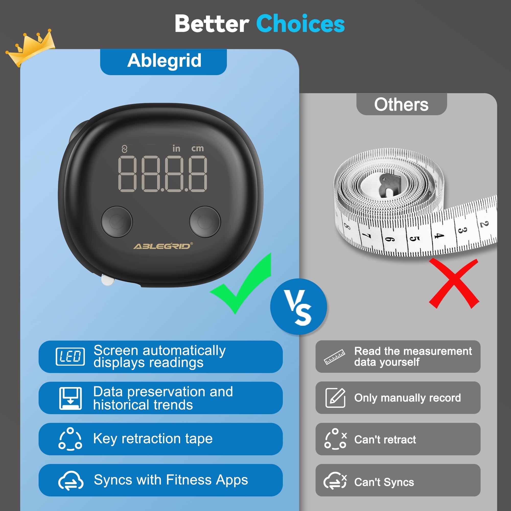 ABLEGRID Smart Body Tape Measure, Rechargeable Body Measuring Tape with APP, Accurate Retractable Digital Body Fat Measurement Device for Mu - Image 6