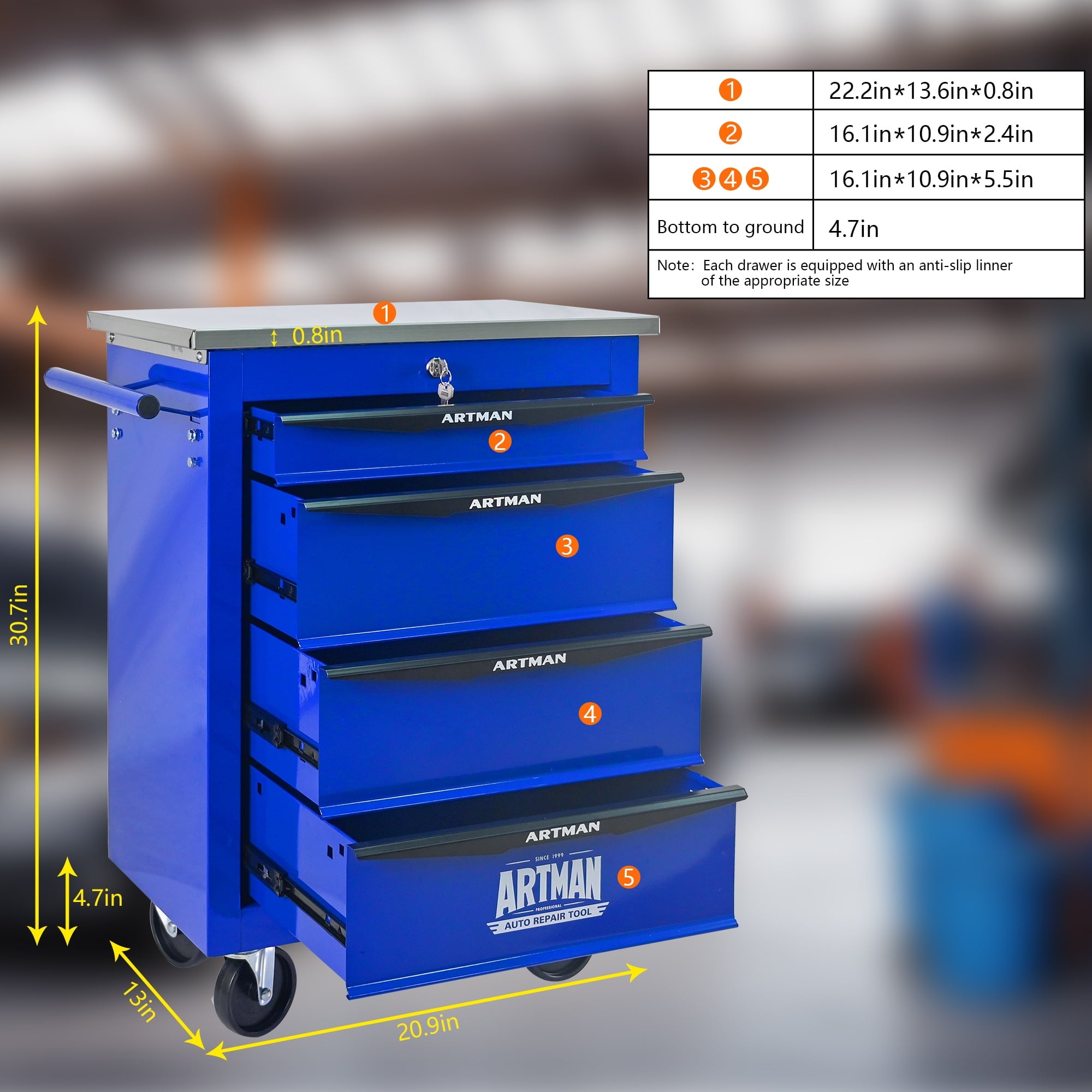 4 Steel Storage Rolling Tool Chest Cabinet Cart with Wheels and Stainless Steel Roof for Workshop Garage Warehouse - Image 2