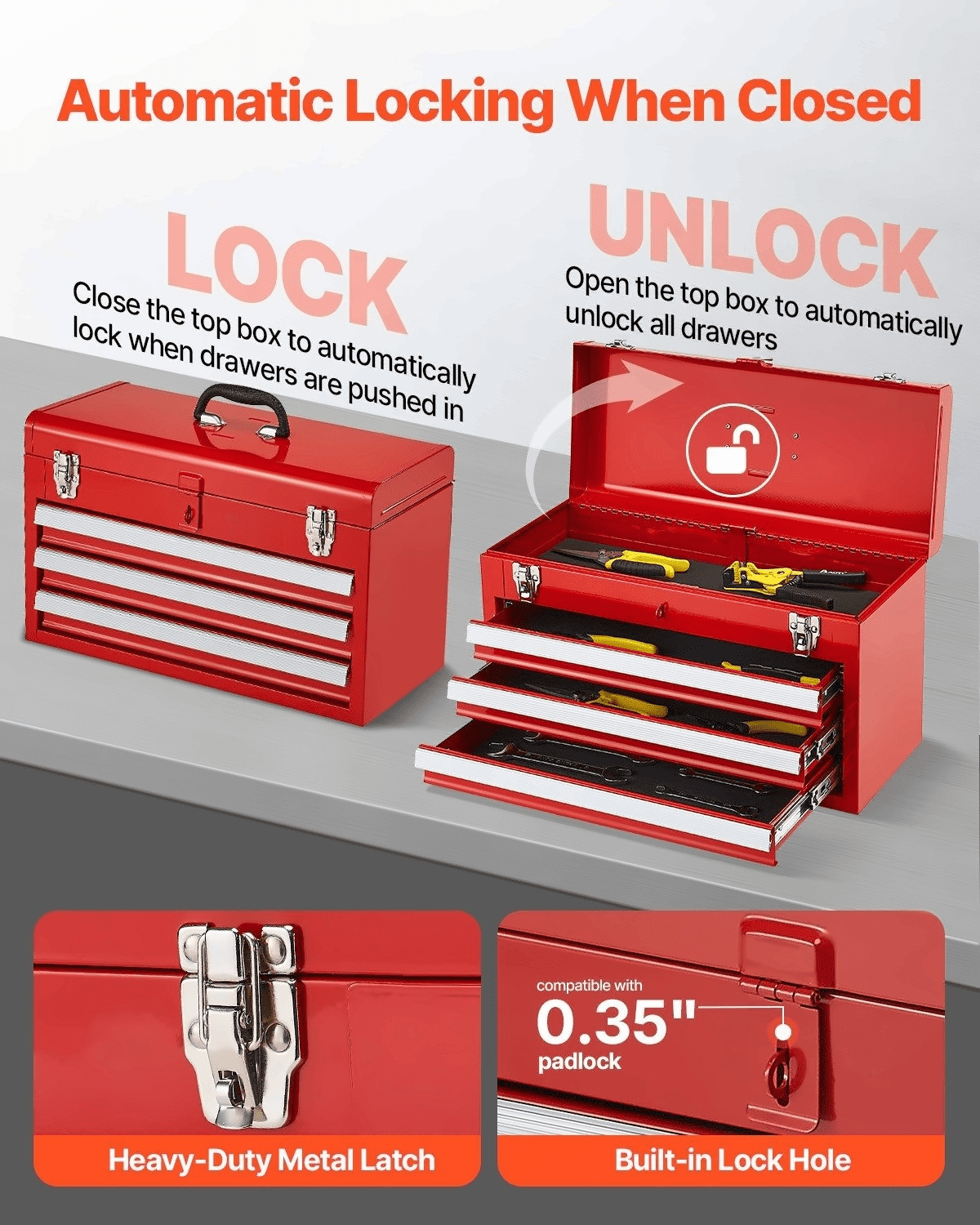 Metal Tool Box 20.5 inch Portable Tool Organizer with 3 Drawers, Red Steel Toolbox with Auto-Locking, Heavy Duty Tool... - Image 3