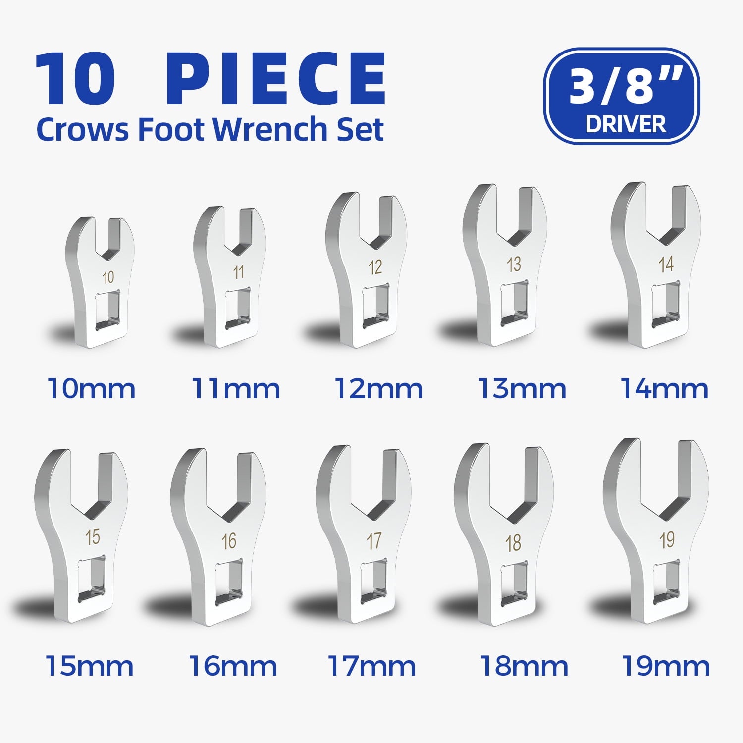 3/8" Wrench Set, 10 Piece Cr-V Steel + Ni-Cr Plating Super Hard Open End Crow Foot Tool Set, Metric 10-19 mm Crows Fe... - Image 4