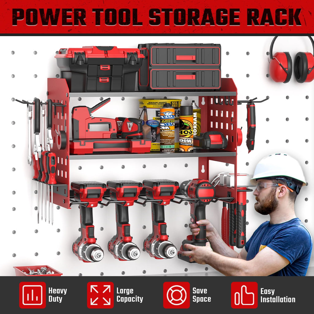 Organizer, 3 Layers Drill Holder Wall Mount with 2 Side Pegboards, Heavy Duty Storage Rack for Garage, 150Lbs Load Ca... - Image 5