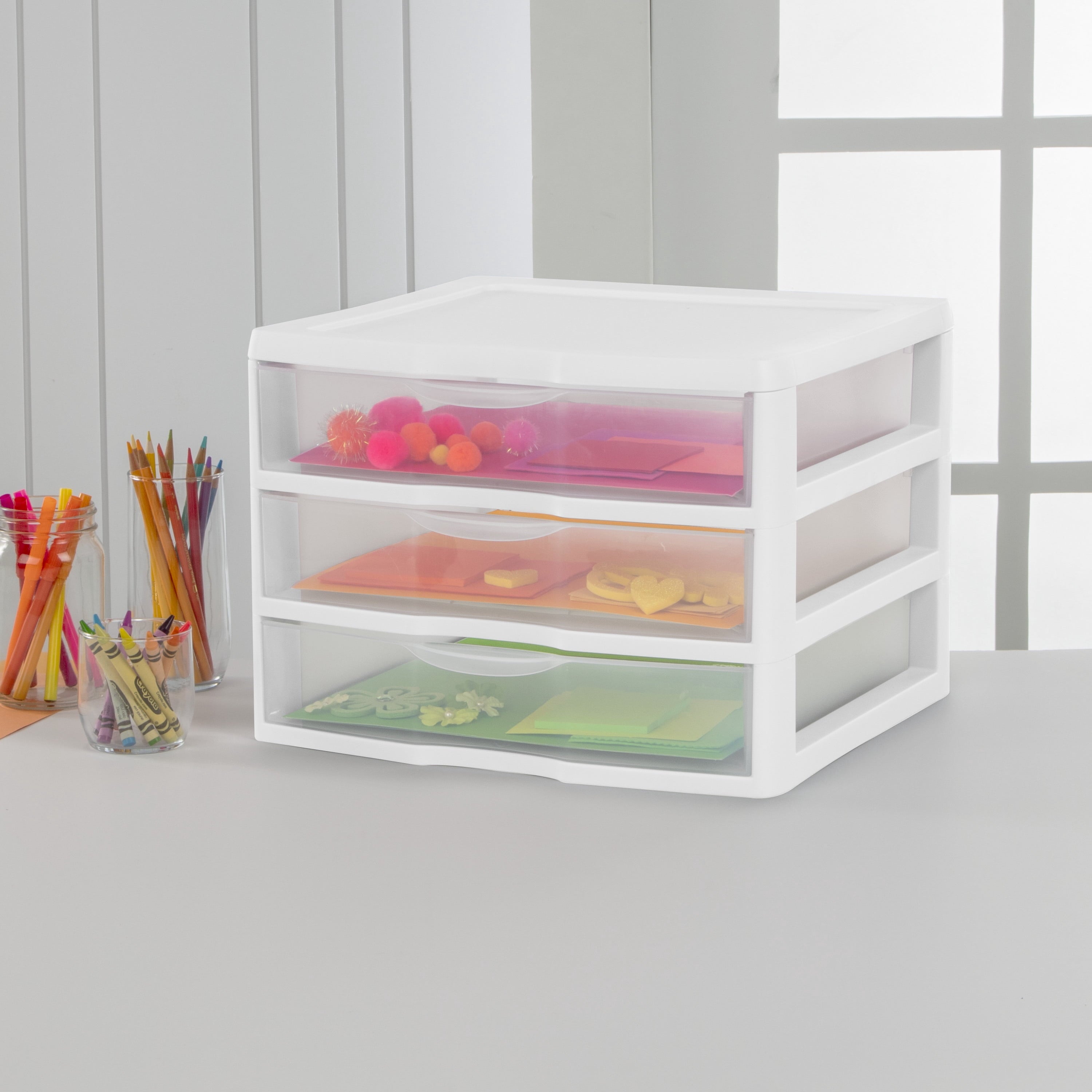 Wide 3 Drawer Unit, Clear Plastic Countertop or Desktop Drawers, White