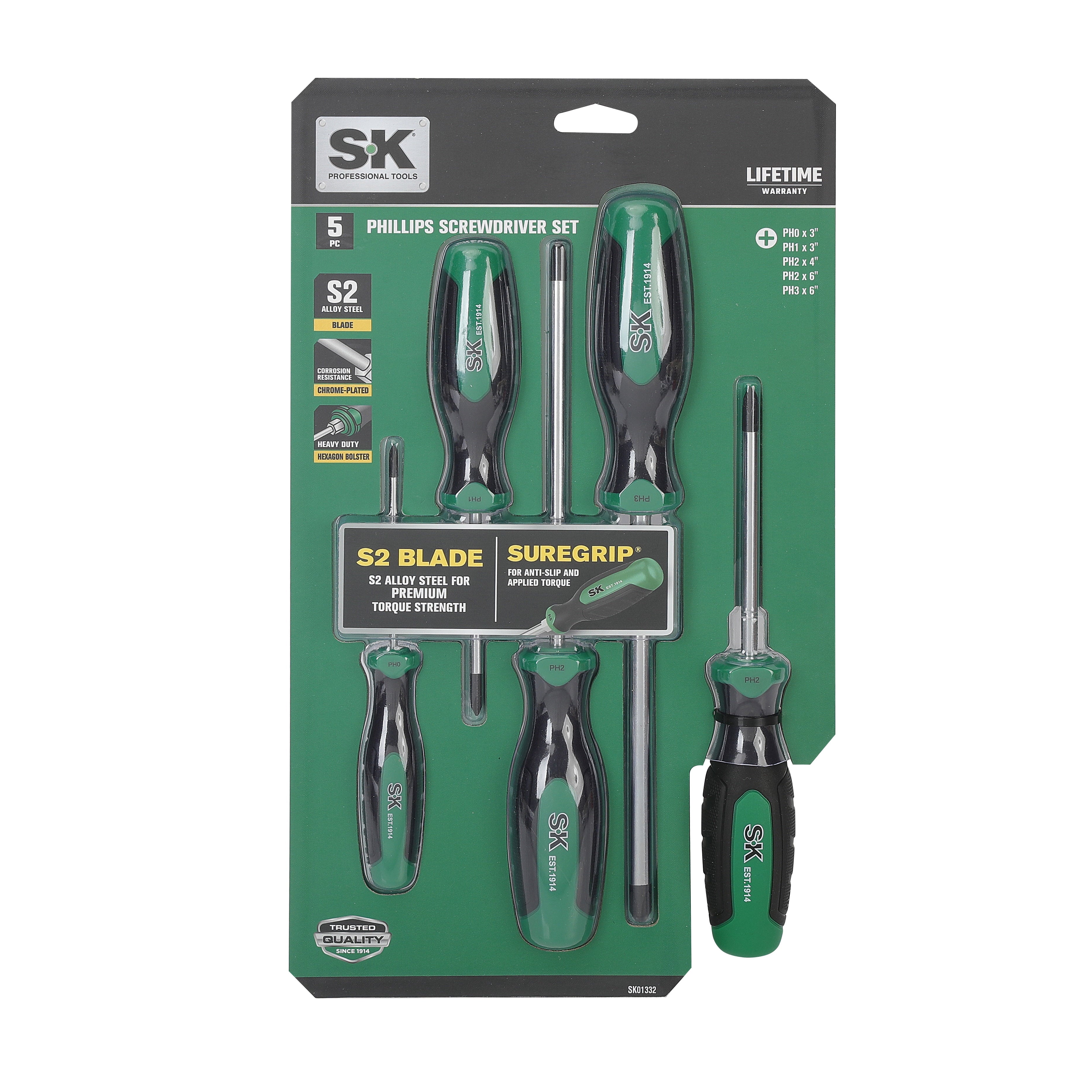 SK Hand Tools 5 Piece Steel Phillips Screwdriver Set with Comfort Grip Plastic Handle - Image 2
