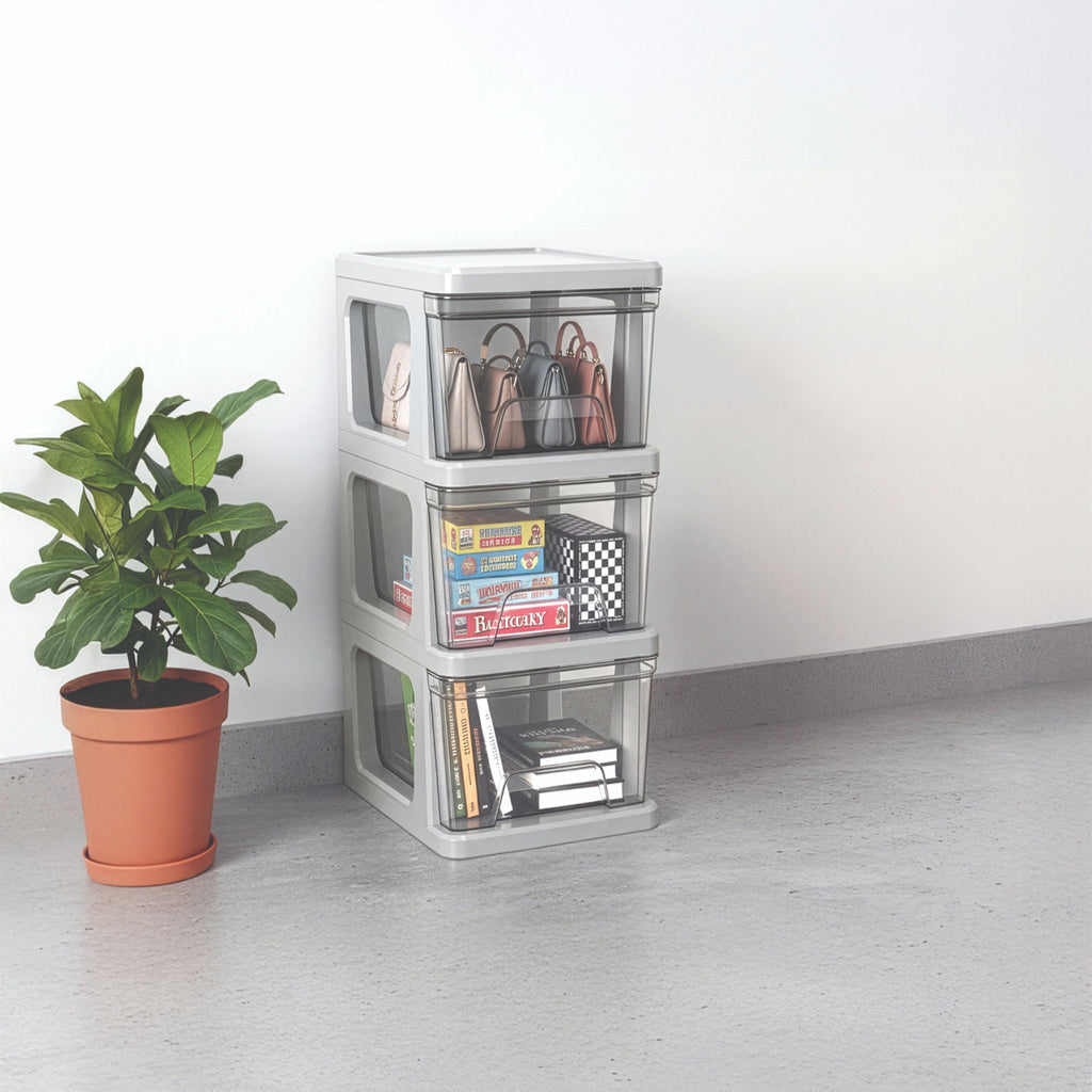 Knock Down Medium Storage Cart with Drawers, Silver Plastic