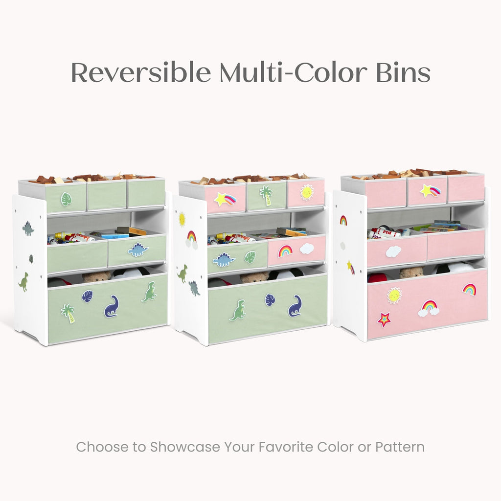 Design &amp; Store 6 Bin Toy Storage Organizer with Interchangeable Patches, Green/Pink