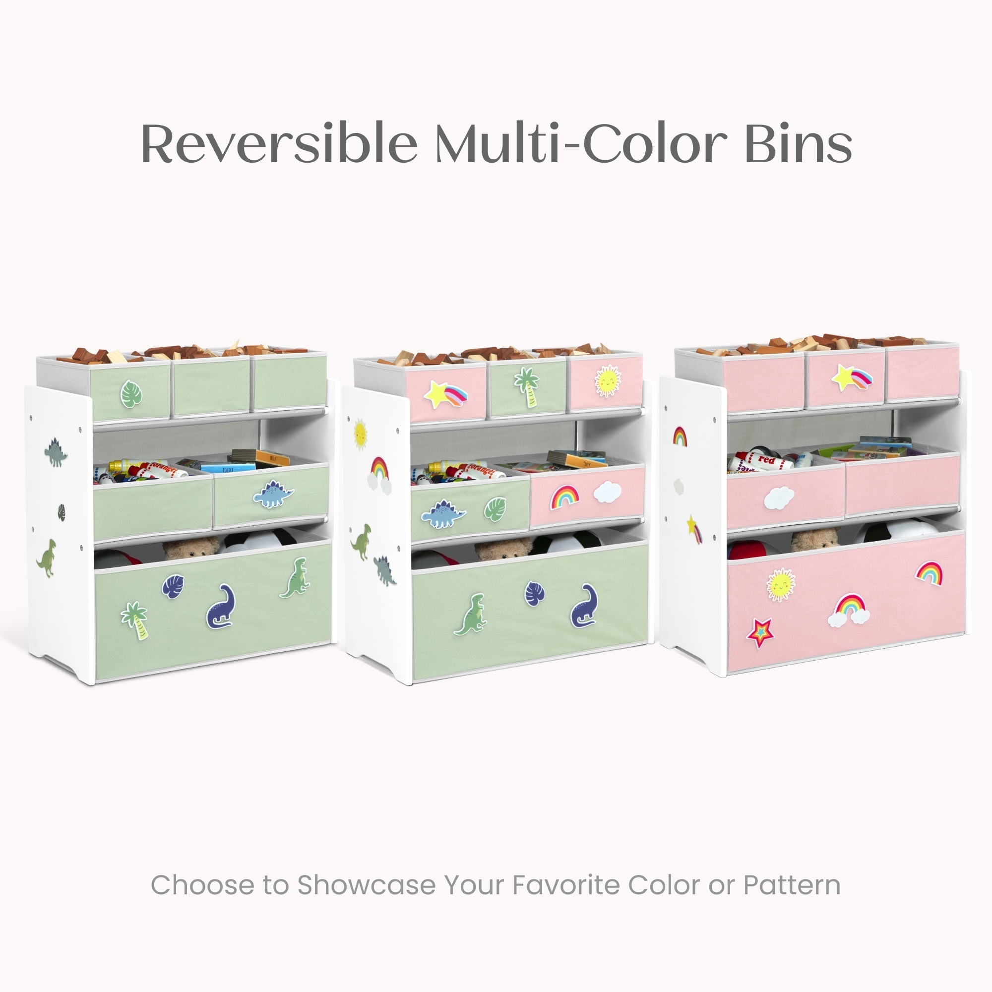 Design &amp; Store 6 Bin Toy Storage Organizer with Interchangeable Patches, Green/Pink