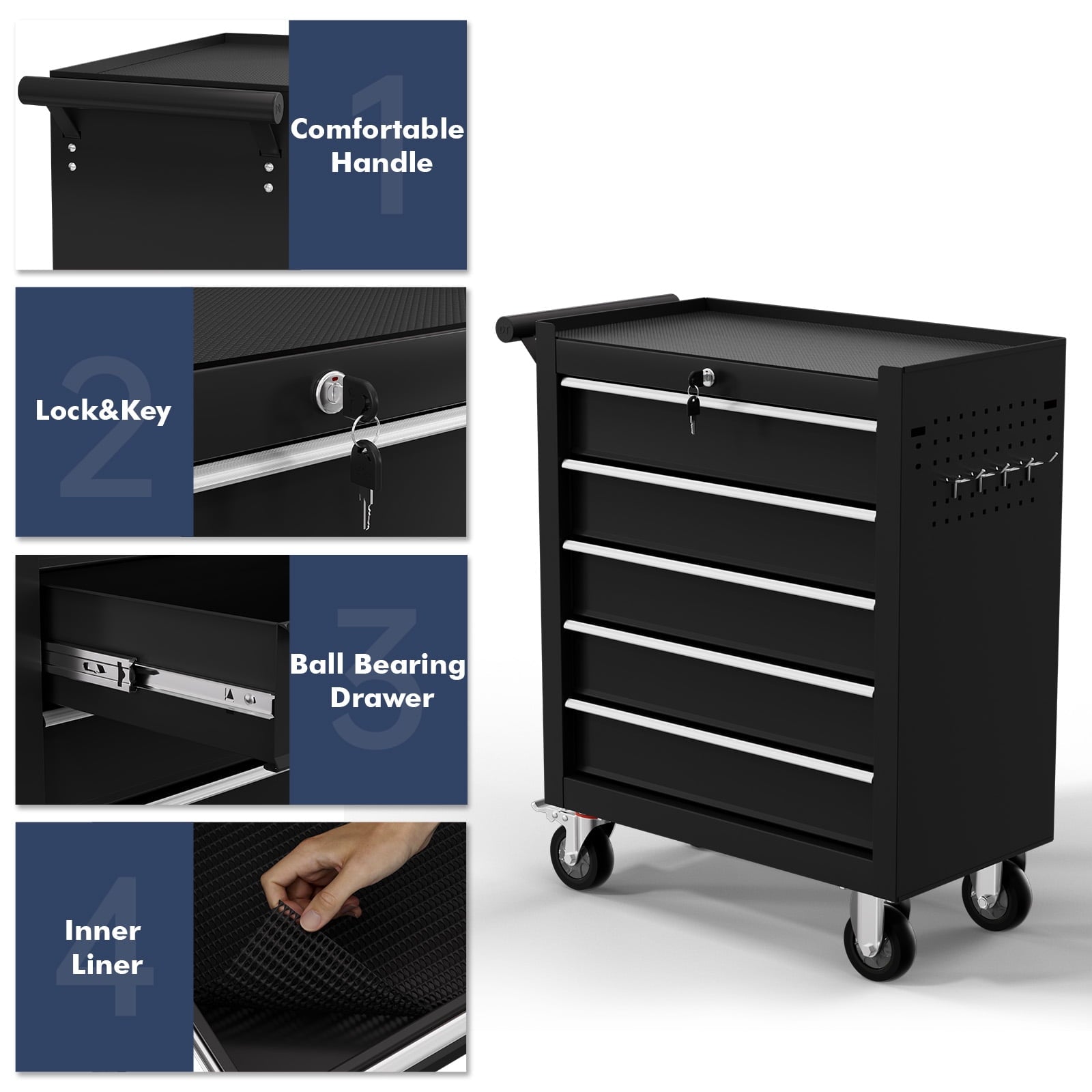 5-Drawer Cart with Wheels,High Capacity Cabinet with Locking System for Garage, Warehouse, Workshop-Black - Image 2