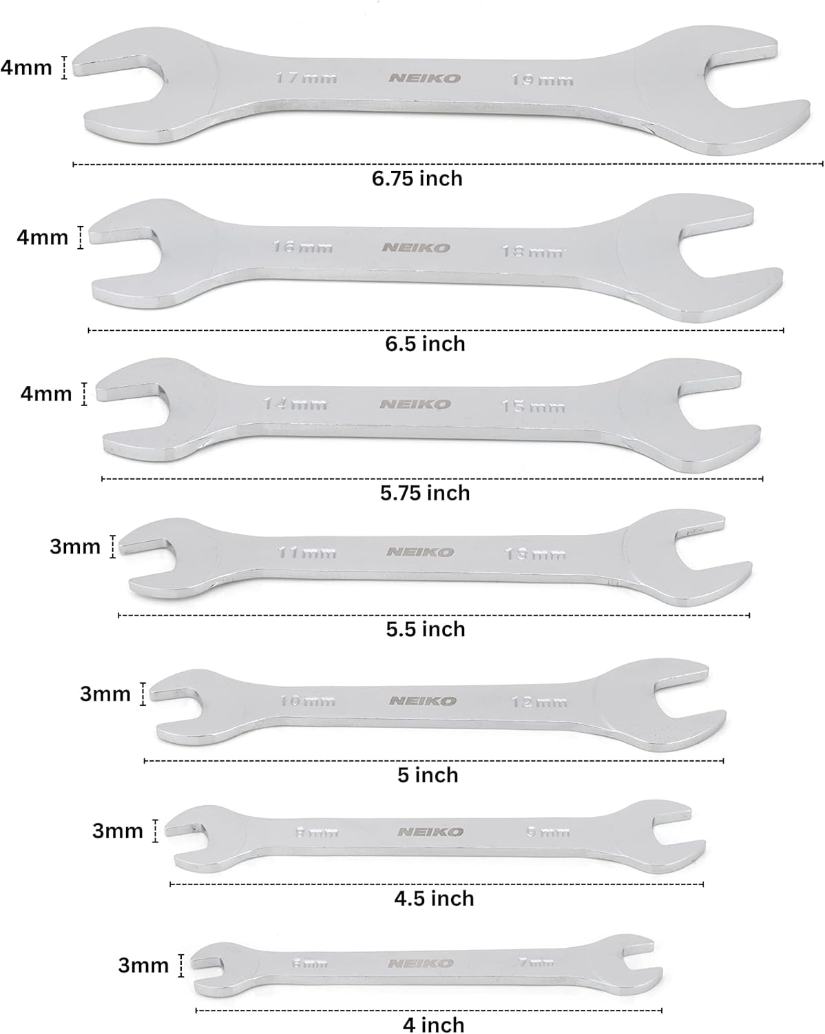 03581A Super Thin Wrench Set, 3-4mm Thick, 7 Piece, Metric Sizes 6-19mm - Image 2