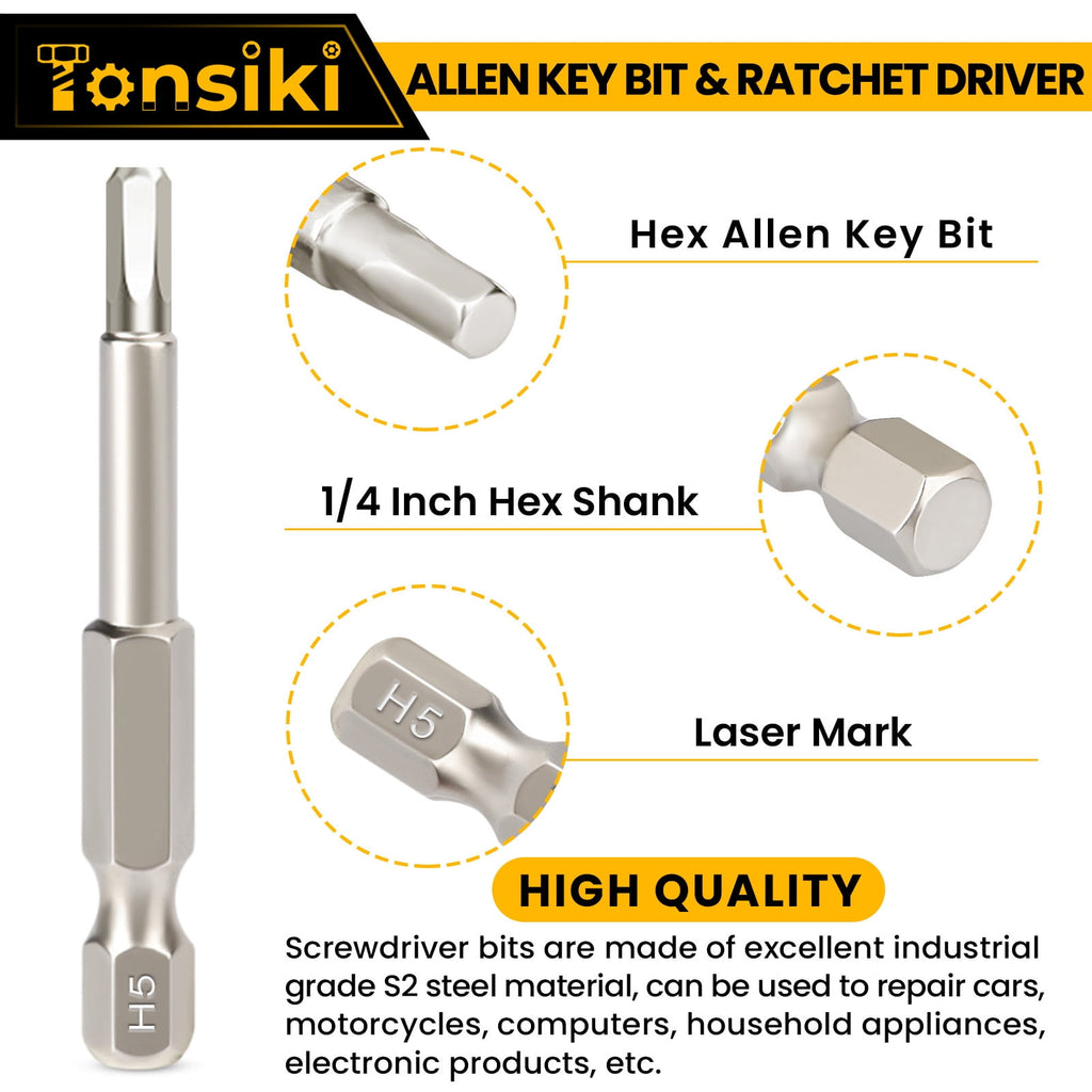 9Pcs Allen Key Bit & Ratchet Screwdriver Set, Impact Hex Head Allen Wrench Drill Bits, 1/4” Magnetic Hex Shank hex bi... - Image 3
