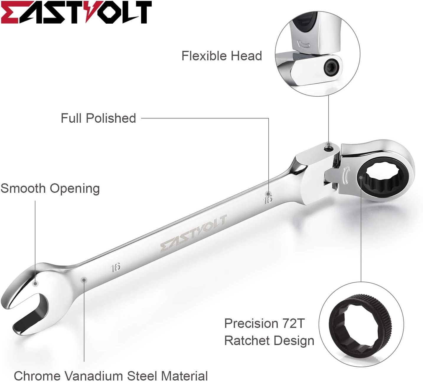 Eastvolt 12 Pieces Flex Head Ratcheting Wrench Set, Metric 8mm-19mm, Combination Ended Spanner kits, Chrome Vanadium Steel with Toolbox - Image 6
