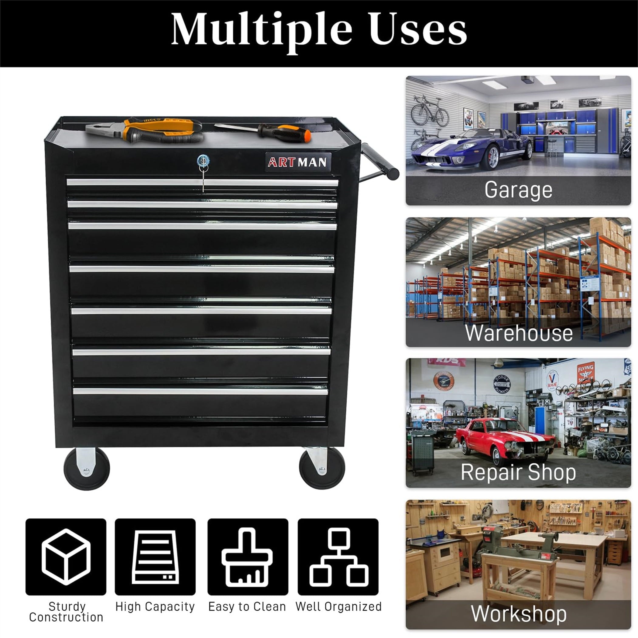 Aukfa Tool Box, 24.5 in 7-Drawer Steel Rolling Tool Chest on Wheels for Workshop Garage, Black - Image 5