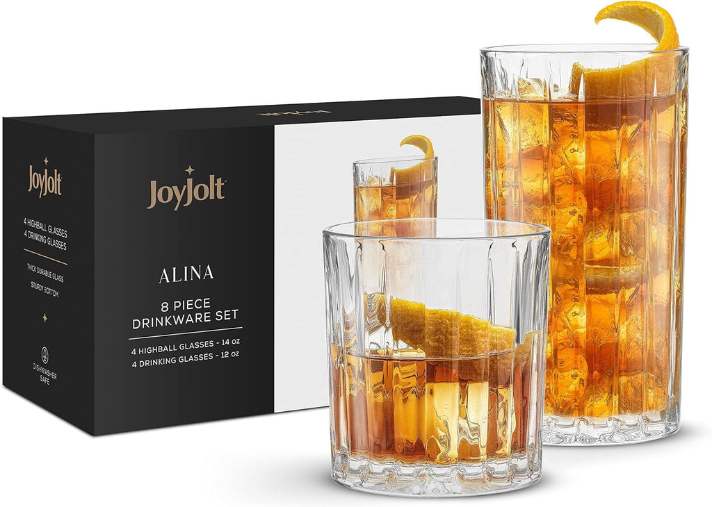 Alina Clear Ribbed Glass Drinking Glass Set, Highball Glasses and Tumbler Glasses - Set of 8