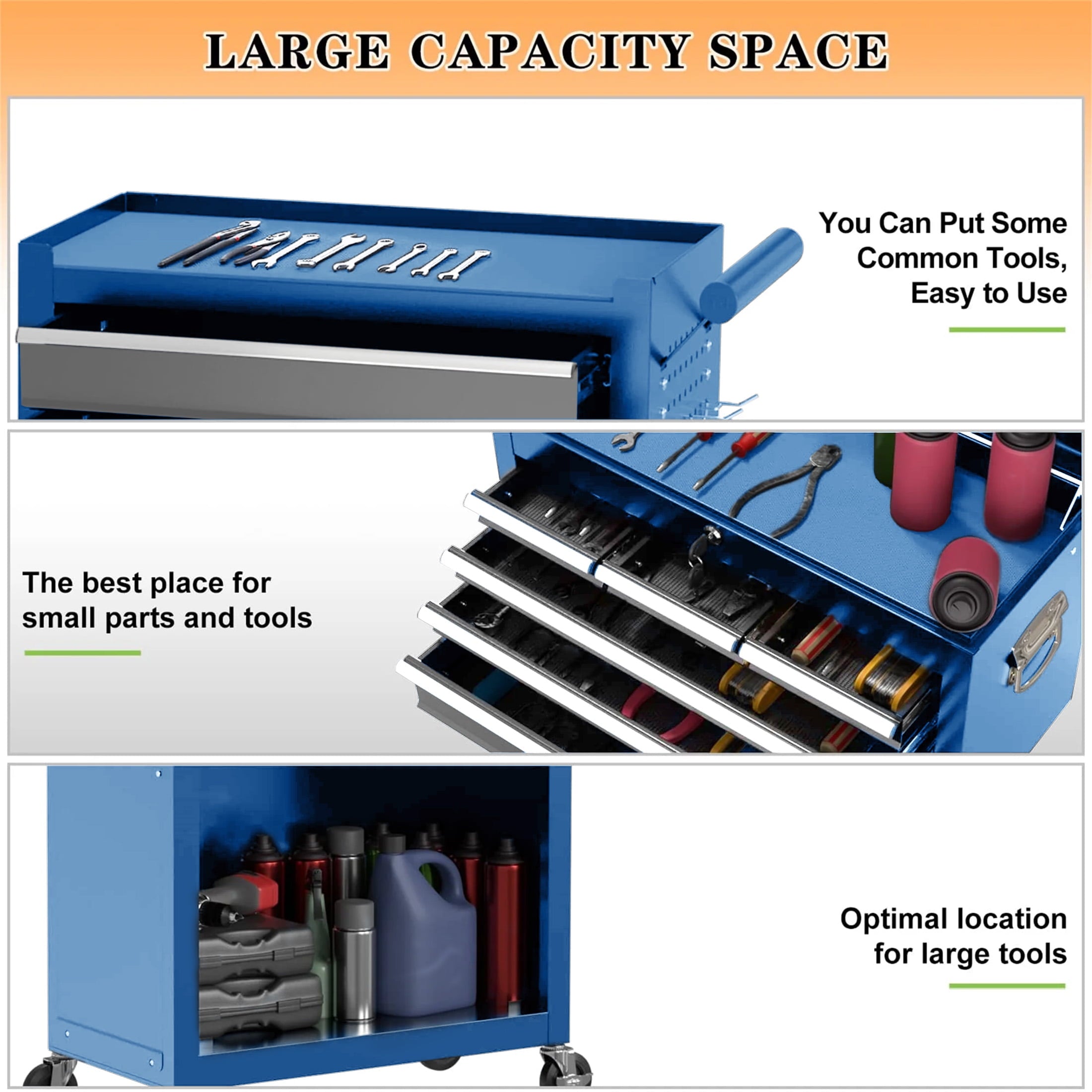 Tool Chest, 2 in 1 Steel Rolling Tool Box & Cabinet on Wheels for Garage, 8-Drawers, Blue&Gray - Image 4