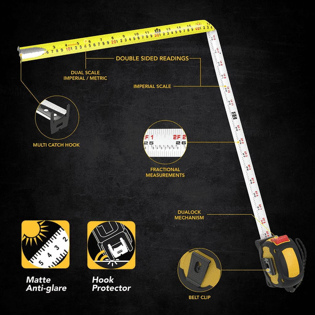 [3-Pack] 10Ft/3m DuaLock Tape Measure | 3/4-Inch Wide Blade With Nylon side, Matte Finish White & Yellow Dual Sided R... - Image 3