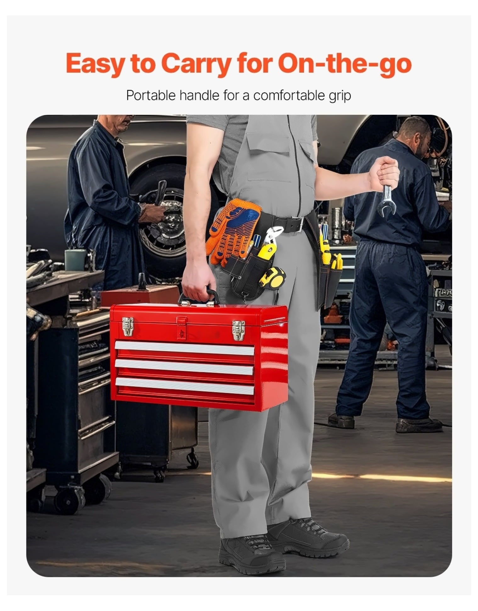Metal Tool Box 20.5 inch Portable Tool Organizer with 3 Drawers, Red Steel Toolbox with Auto-Locking, Heavy Duty Tool... - Image 2