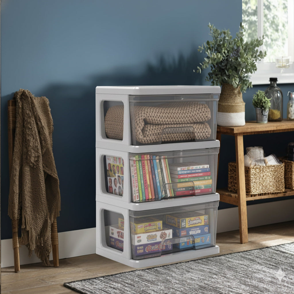 Knock Down Medium Storage Cart with Drawers, Silver Plastic