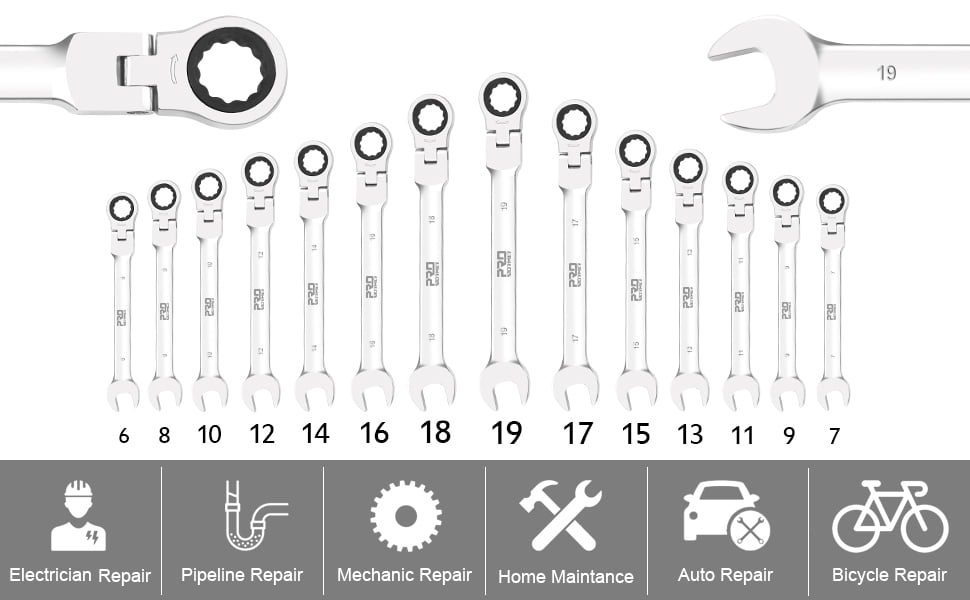 14-Piece Flex-Head Ratcheting Wrench Set, 6-19cm Metric Chrome Vanadium Steel Ratchet Wrenches, Combination Ended Spa... - Image 5