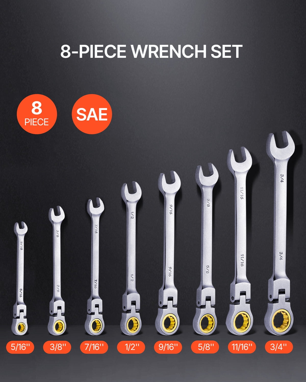 KFFKFF 8-Piece Flex-Head Ratcheting Wrench Set with Roll-Up Pouch, Cr-V Steel Combination Wrenches SAE 5/16" to 3/4", Suitable for Home, Wor - Image 2