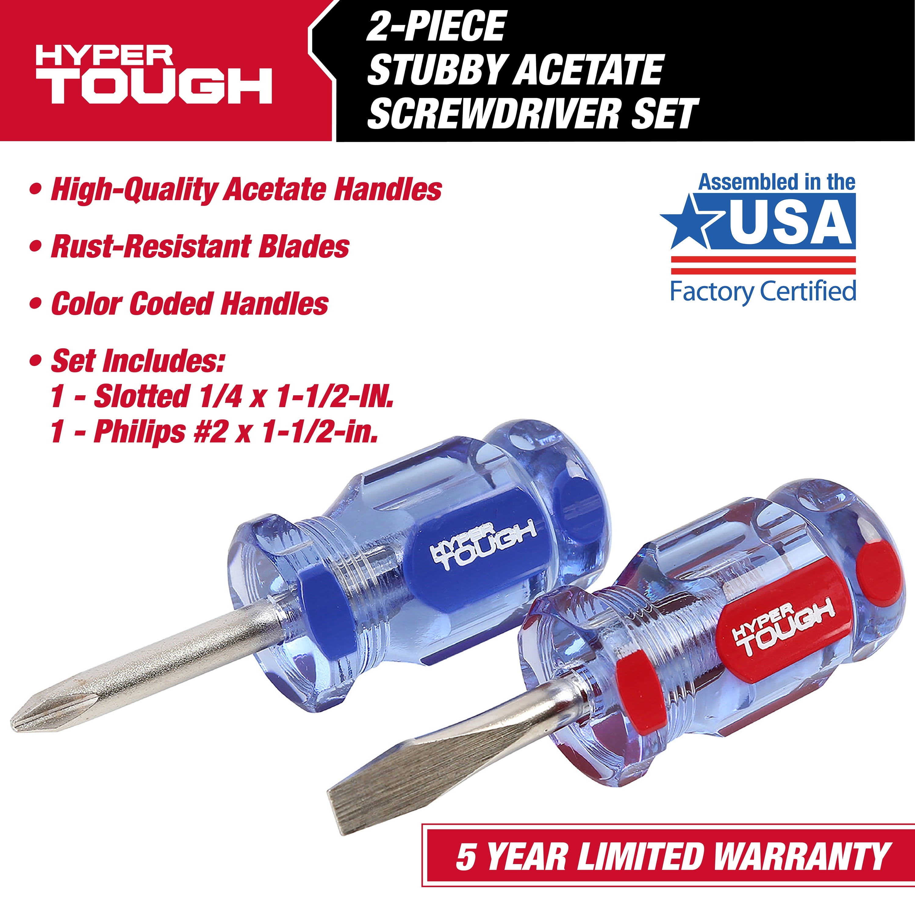 Hyper Tough 2-Piece Stubby Acetate Handle Screwdriver Set, #2 Philips & 1/4" Flat Head Screwdriver - Image 2